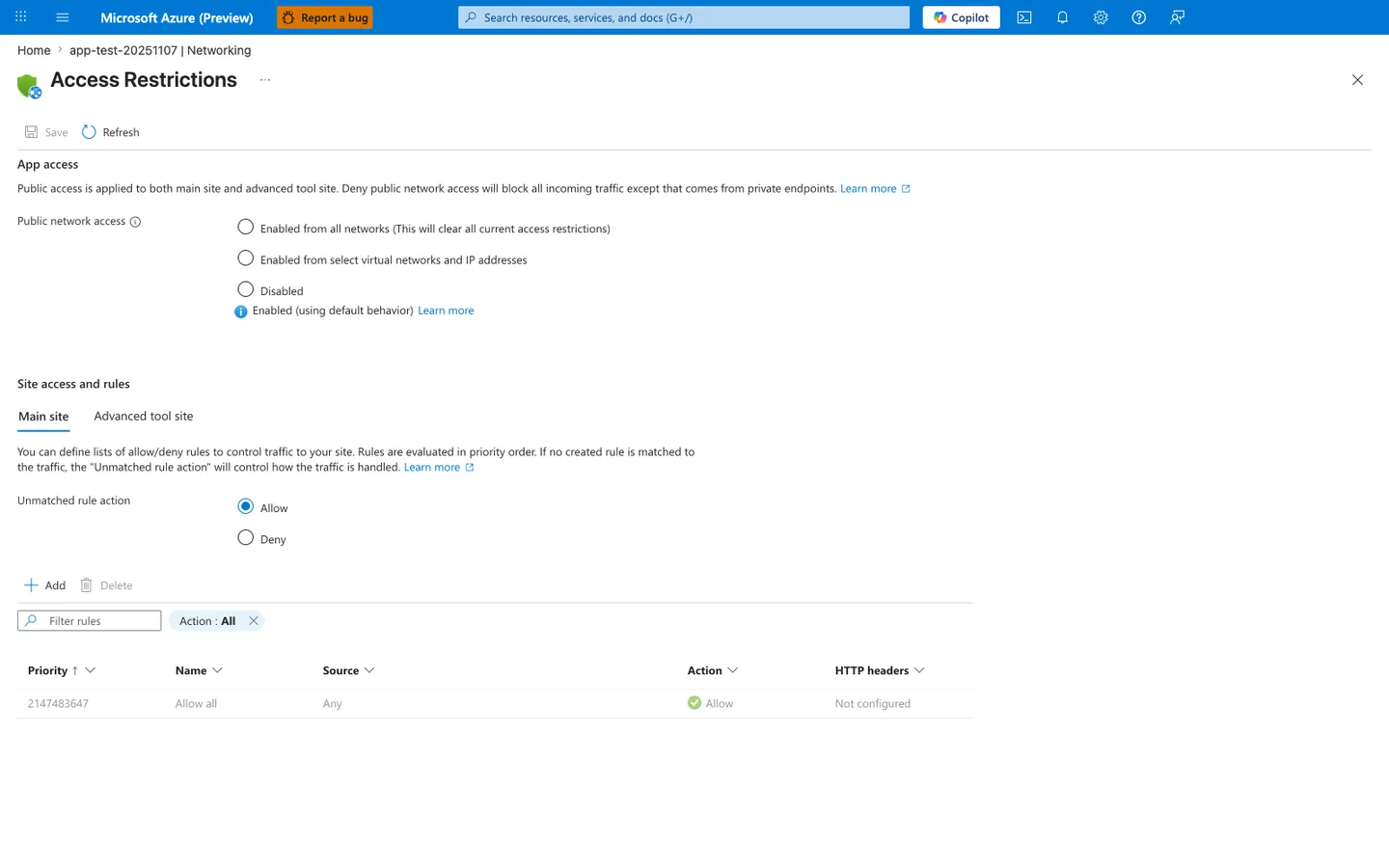 Access Restrictions blade with public network access on its default enabled behavior, unmatched rule action set to Allow, and only the default Allow all rule