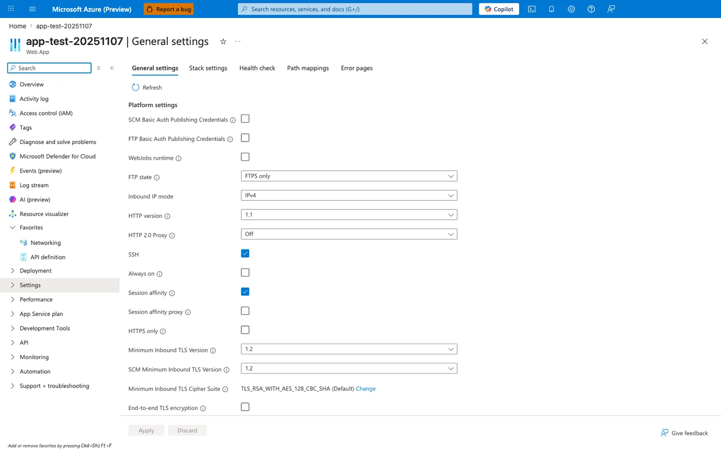 Configuration General settings tab listing platform settings including FTP state, HTTP version, Always on, HTTPS only, and minimum inbound TLS version