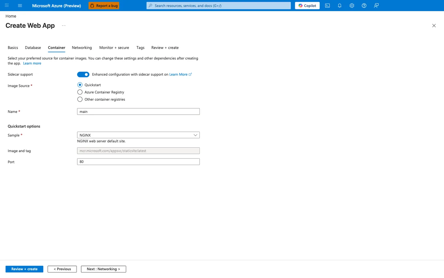 Create Web App wizard on the Container tab with sidecar support on, the Quickstart image source, and the NGINX sample image on port 80