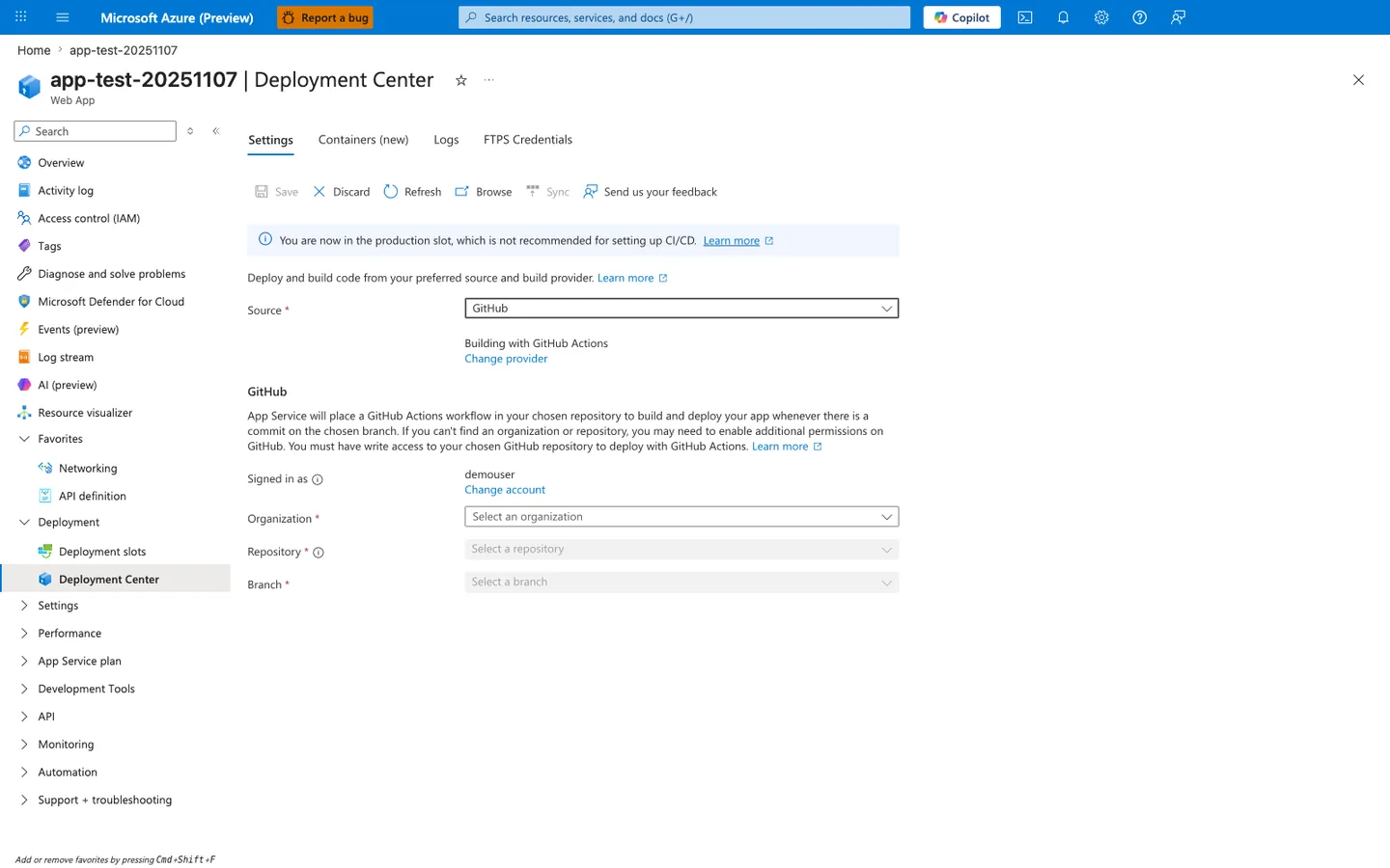Deployment Center Settings tab with GitHub selected as the source, building with GitHub Actions, and organization, repository, and branch not yet selected
