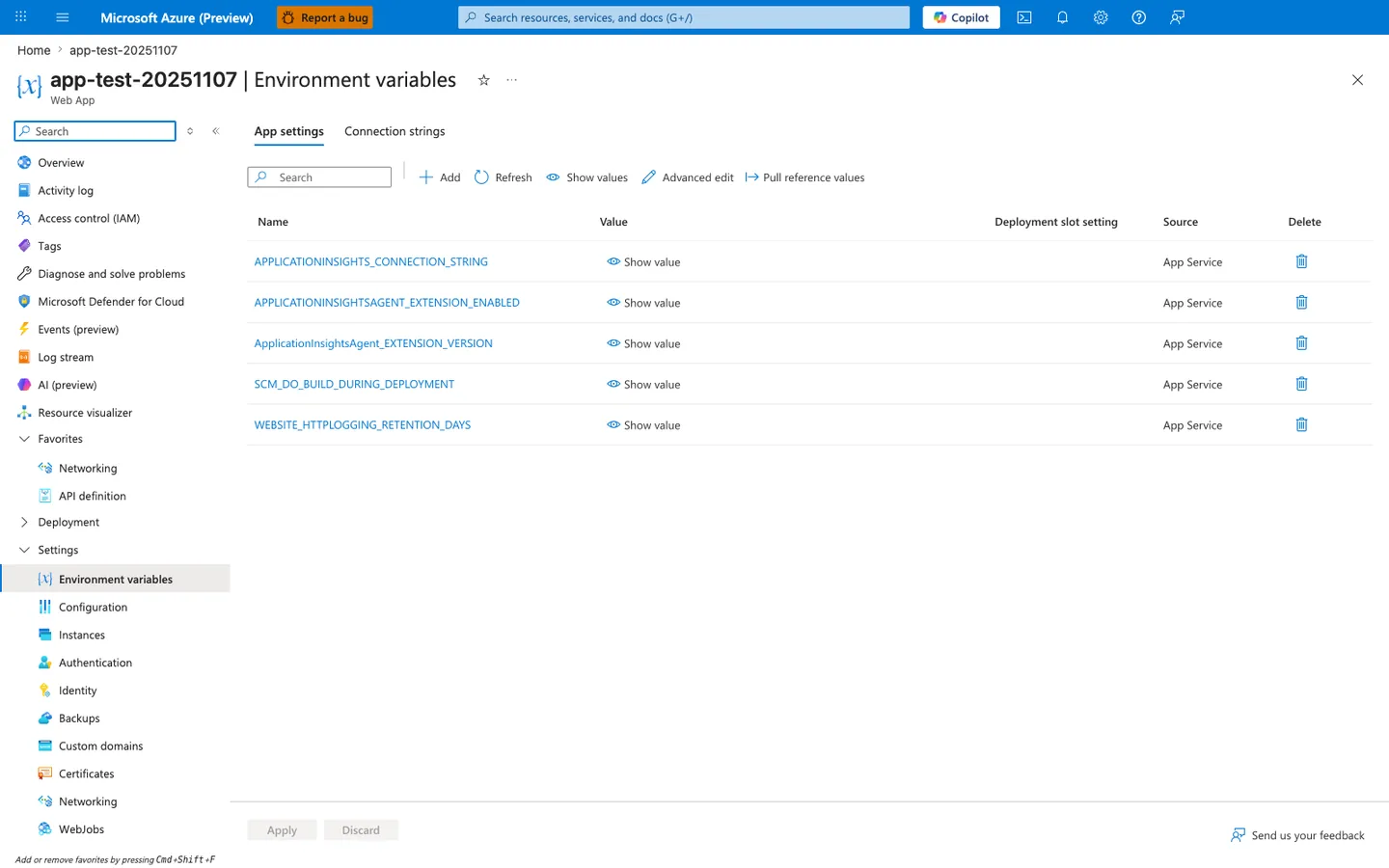 Environment variables blade on the App settings tab listing five app settings with their values hidden