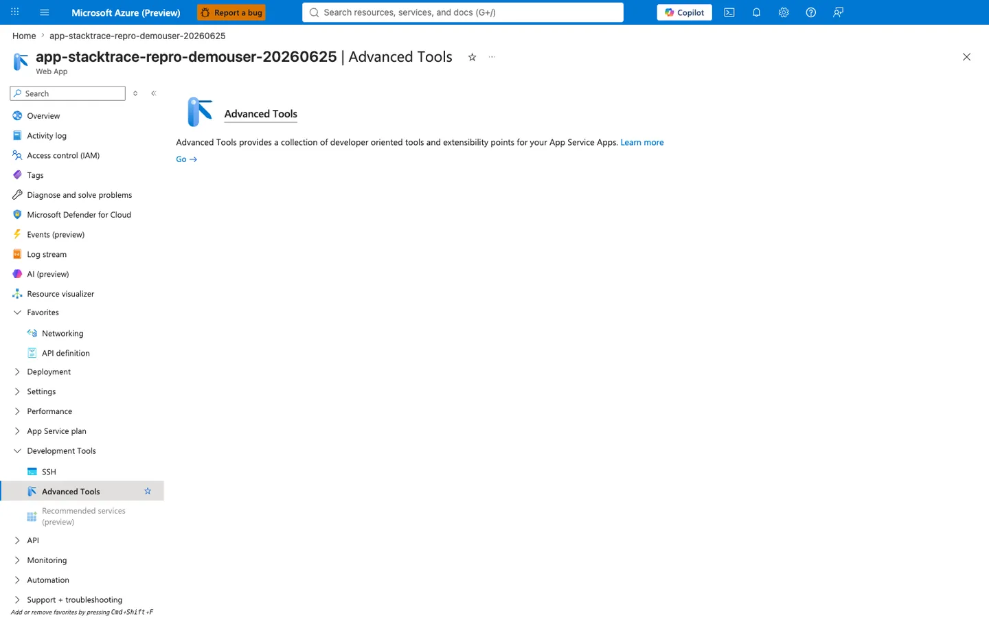 Azure Portal Web App blade with Advanced Tools selected. Left navigation lists Overview, Activity log, Access control (IAM), Tags, ..., Settings, Deployment, Events, Monitoring, and Development Tools (group expanded). The Development Tools group shows SSH, Advanced Tools (highlighted as the current selection), and Recommended services. Right pane shows the Advanced Tools description: "Kudu is the engine behind a number of features in Azure App Service related to source control based deployment, and other deployment methods like Dropbox and OneDrive sync." Two buttons appear: "Open in a new tab" (link-styled) and "Go →" (blue, primary).