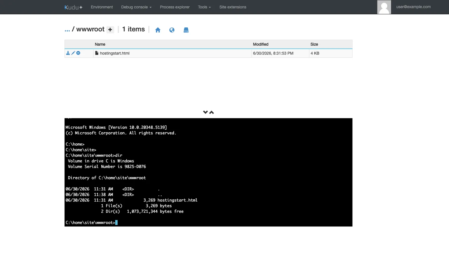 Kudu Debug Console (CMD) on Windows. Top navigation shows Environment, Debug console (dropdown, current), Process explorer, Tools, Site extensions, user@example.com. Top half of the page is a file tree pane rooted at /home with breadcrumb navigation. Bottom half is a CMD shell at the prompt `C:\home\site\wwwroot>` with the `dir` command output listing files such as `hostingstart.html` with date stamps and sizes.