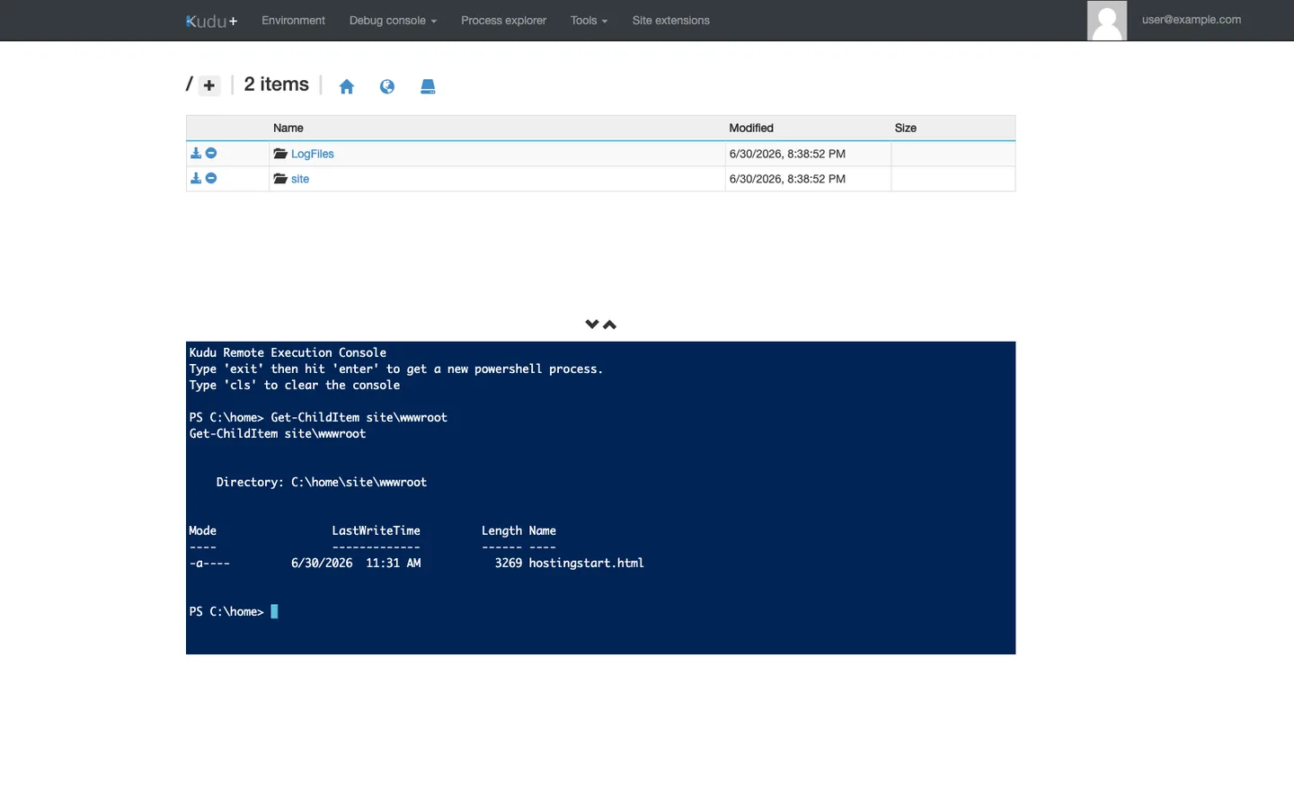 Kudu Debug Console (PowerShell) on Windows. Top half shows the same /home file tree as the CMD variant. Bottom half is a PowerShell shell at prompt `PS C:\home\site\wwwroot>` with the `Get-ChildItem` command output formatted as a structured object table — columns Mode, LastWriteTime, Length, and Name, which is the standard PowerShell pipeline format. Top nav shows Environment, Debug console (dropdown current, PowerShell variant), Process explorer, Tools, Site extensions, user@example.com.