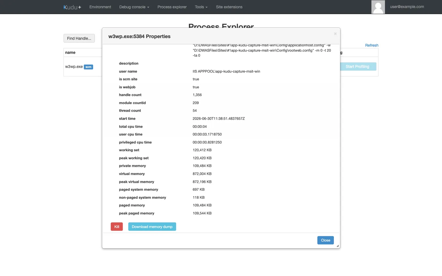 Kudu Process Explorer 'w3wp.exe : 5384 Properties' dialog on Windows. Five tabs across the top: General (current), Modules, Handles, Threads, Environment Variables. The General tab shows fields: id 5384, name w3wp, file name `C:\Windows\SysWOW64\inetsrv\w3wp.exe`, command line including `-ap "~1app-kudu-capture-msit-win"` and the IIS pipe identifier `\\.\pipe\iisipm00000000-0000-0000-0000-000000000000`, user name `IIS APPPOOL\app-kudu-capture-msit-win`, is scm site true, is webjob true, handle count 1356, thread count 54, plus memory metrics. Two prominent action buttons at the bottom: `Kill` (red) and `Download memory dump` (blue). A Close button is in the dialog header.