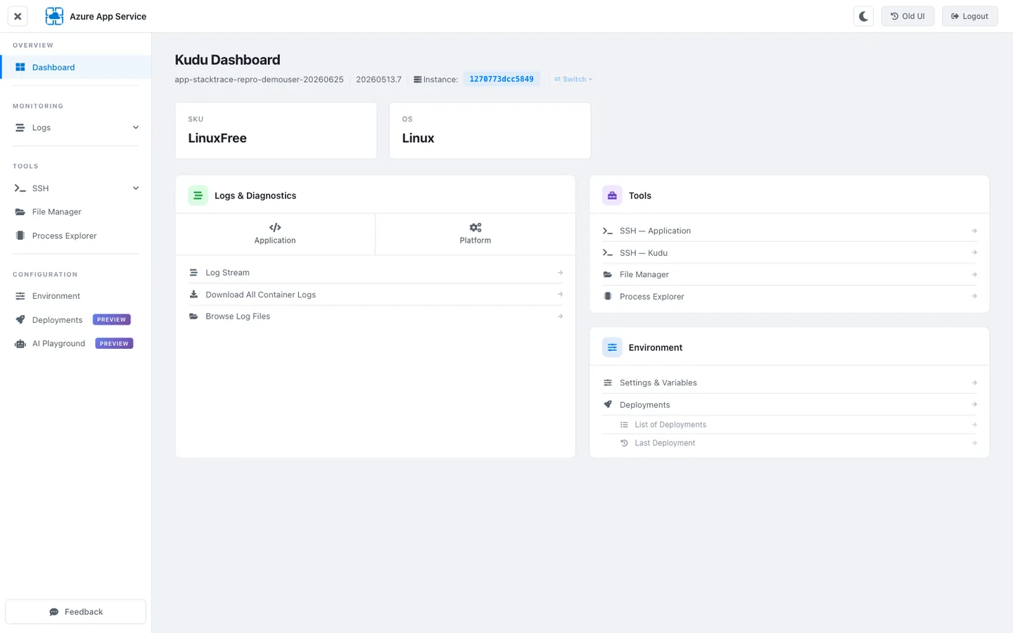 KuduLite modern UI landing page. Left sidebar in dark navy with sections OVERVIEW (active: Dashboard), MONITORING (Logs, Log Stream), TOOLS (SSH, File Manager, Process Explorer, Deployments, AI Playground), CONFIGURATION (Environment). Top header shows KUDU LITE branding, build "20260513.7 | Instance: 1270773dcc5849 | Switch". Main pane title "Dashboard" with subtitle "Welcome to Kudu, the deployment engine for Azure App Service. Learn more.". Three sub-sections: (1) SKU Information — SKU: LinuxFree, App Service Plan: ASP-rgstacktracerepro-b74e, App Type: Node.js 22-lts. (2) Logs & Diagnostics card linking to Logs, Log Stream. (3) Tools card linking to SSH, File Manager, Process Explorer, Deployments, AI Playground. (4) Environment card linking to Environment page.