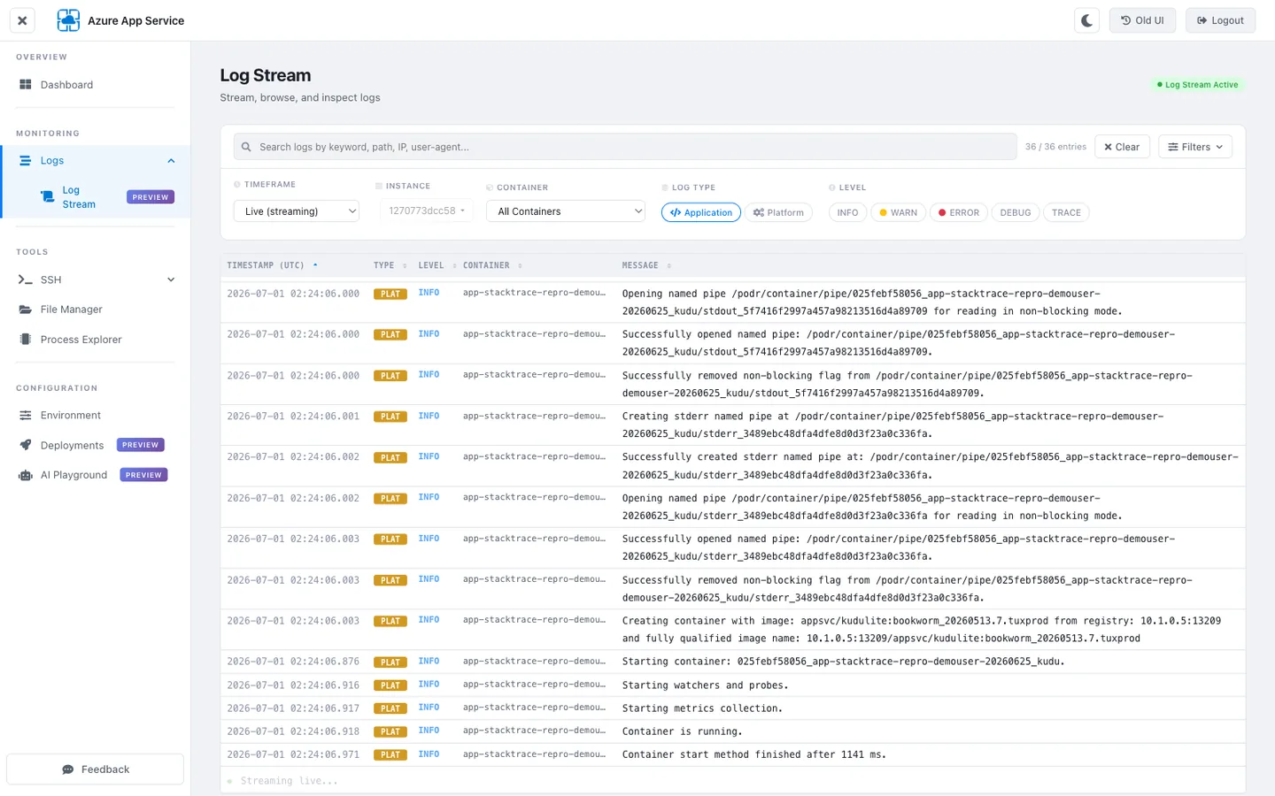 KuduLite modern UI Log Stream page — Application filter. Left sidebar with MONITORING → Log Stream highlighted. Main pane title "Log Stream" with subtitle "Live log tail from all instances". Filter chip row: TIMEFRAME (Last 1 hour), INSTANCE (All instances), CONTAINER (All containers), LOG TYPE (Application, highlighted blue), LEVEL (All levels). Terminal panel with dark background shows time-stamped lines like "2026-07-01T10:30:00.182Z INFO Request received GET /healthz" and "2026-07-01T10:30:01.045Z INFO Response sent 200 in 42ms". Right-side controls: Pause, Clear, Download.