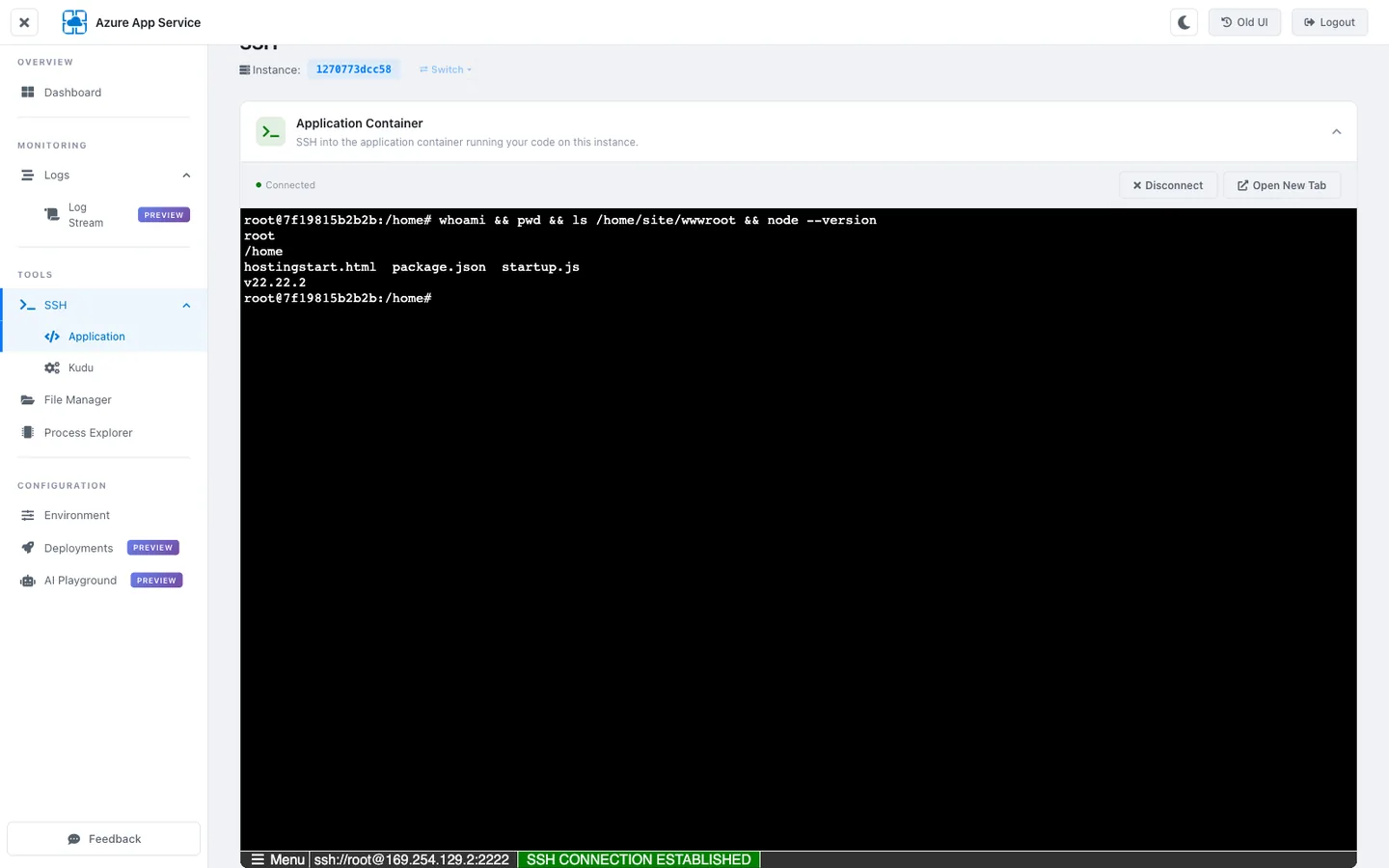 KuduLite modern UI SSH terminal (Application tab). Left sidebar with TOOLS → SSH highlighted. Header banner "SSH SESSION" with two tabs: APPLICATION (active, green underline) and KUDU. Info line: "ssh://root@169.254.129.2:2222". Terminal shows a black background with green text: "Welcome to the Application container terminal!" followed by prompt "root@7f19815b2b2b:/home#". A `node --version` command has been run showing "v22.22.2".