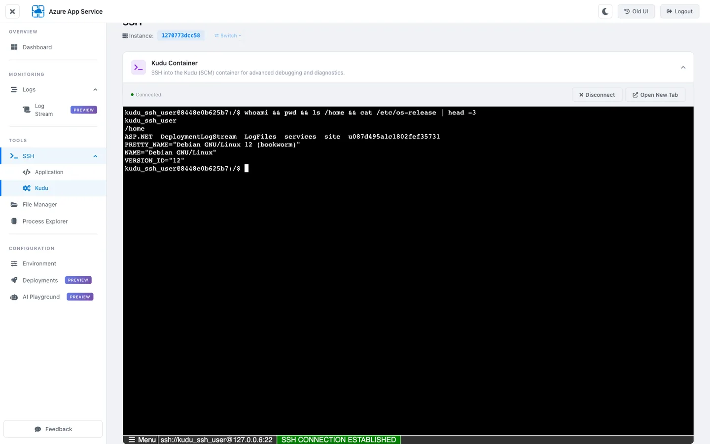 KuduLite modern UI SSH terminal (Kudu tab). Left sidebar with TOOLS → SSH highlighted. Header banner "SSH SESSION" with two tabs: APPLICATION and KUDU (active, green underline). Info line: "ssh://kudu_ssh_user@127.0.0.6:22". Terminal shows a black background with green text: "Welcome to the Kudu container terminal!" followed by prompt "kudu_ssh_user@8448e0b625b7:/$". Commands executed: `hostname` returned "8448e0b625b7", `cat /etc/os-release | head -3` shows "PRETTY_NAME=\"Debian GNU/Linux 12 (bookworm)\"", and `ls /home` shows: "ASP.NET  DeploymentLogStream  LogFiles  services  site  u087d495a1c1802fef35731".