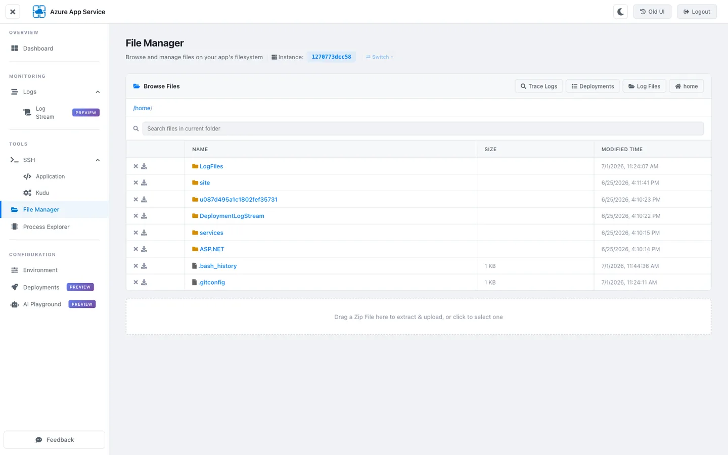 KuduLite modern UI File Manager page. Left sidebar with TOOLS → File Manager highlighted. Header shows path breadcrumb "/home". Main pane shows a Windows-Explorer-style file table with columns: NAME, TYPE, SIZE, MODIFIED. Rows visible: LogFiles (folder), site (folder), u087d495a1c1802fef35731 (folder — deployment scratch), DeploymentLogStream (folder), services (folder), ASP.NET (folder), .bash_history (file, 2 KB), .gitconfig (file, 1 KB). Right-side action buttons: New Folder, Upload, Refresh.
