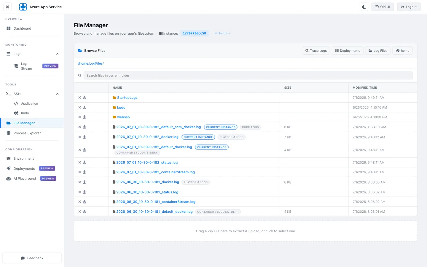 KuduLite modern UI File Manager page inside /home/LogFiles. Breadcrumb "/home/LogFiles". Header banner: badges labeled CURRENT INSTANCE (green) and KUDU LOGS / PLATFORM LOGS / CONTAINER STDOUT/STDERR (three color-coded tags). File table shows log files with names like: 2026_07_01_10-30-0-182_default_docker.log (application stdout, ~12 KB), 2026_07_01_10-30-0-182_docker.log (platform log, ~34 KB), 2026_07_01_10-30-0-182_default_scm_docker.log (Kudu log, ~8 KB). Sub-folder entries: kudu/, http/, DetailedErrors/.