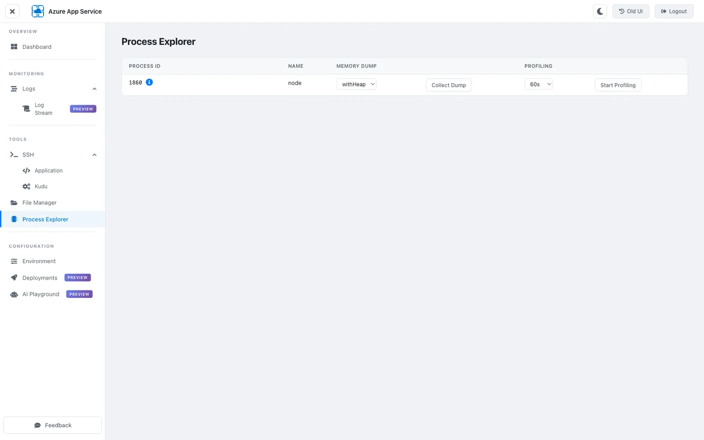 KuduLite modern UI Process Explorer page. Left sidebar with TOOLS → Process Explorer highlighted. Header shows Instance selector (currently 127077). Main table has columns: PID, USER, COMMAND, CPU%, MEM (RSS), STARTED, ACTIONS. Single visible row: PID 1860, USER root, COMMAND "node /home/site/wwwroot/server.js", CPU 0.5%, MEM 87 MB, STARTED 10:29:00. ACTIONS column shows two buttons per row: `withHeap` + `Collect Dump` (blue) and `60s` + `Start Profiling` (green).