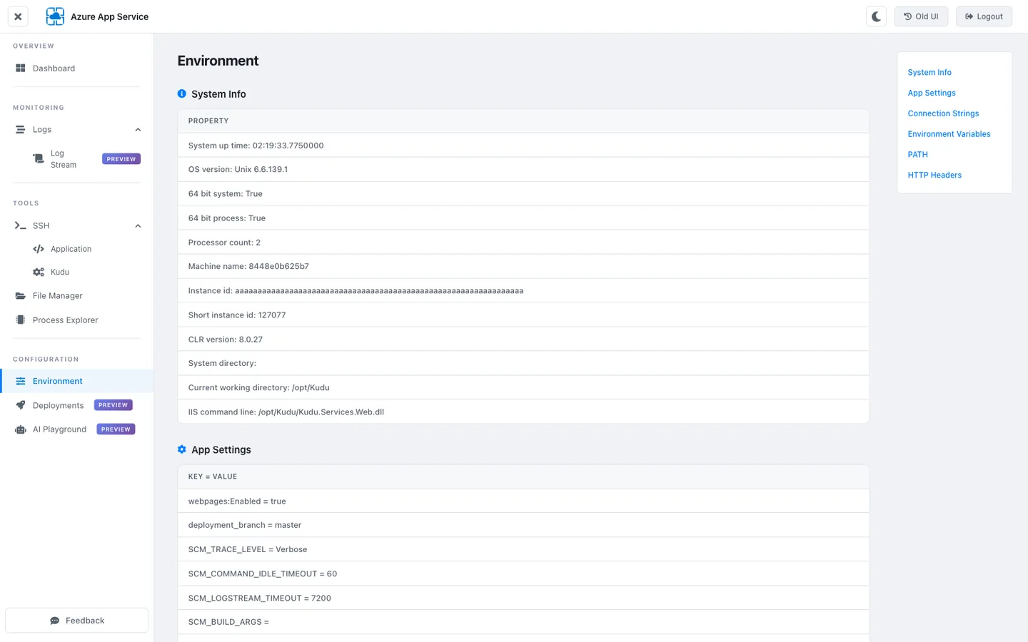 KuduLite modern UI Environment page. Left sidebar with CONFIGURATION → Environment highlighted. Main pane title "Environment". Sections in table layout: SYSTEM INFO with fields OS Name: Unix, OS Version: 6.6.139.1-1.cm2, 64-bit System: True, 64-bit Process: True, Processor Count: 1, Machine Name: 8448e0b625b7, Instance ID: aaaaaaaaaaaaaaaaaaaaaaaaaaaaaaaaaaaaaaaaaaaaaaaaaaaaaaaaaaaaaaaa (PII masked), CLR Version: 8.0.27, Kudu Version: 1.0.0.0, Site Up Time: 00.00:12:34, Site Folder: /home, Temp Folder: /tmp, Current Working Directory: /opt/Kudu.