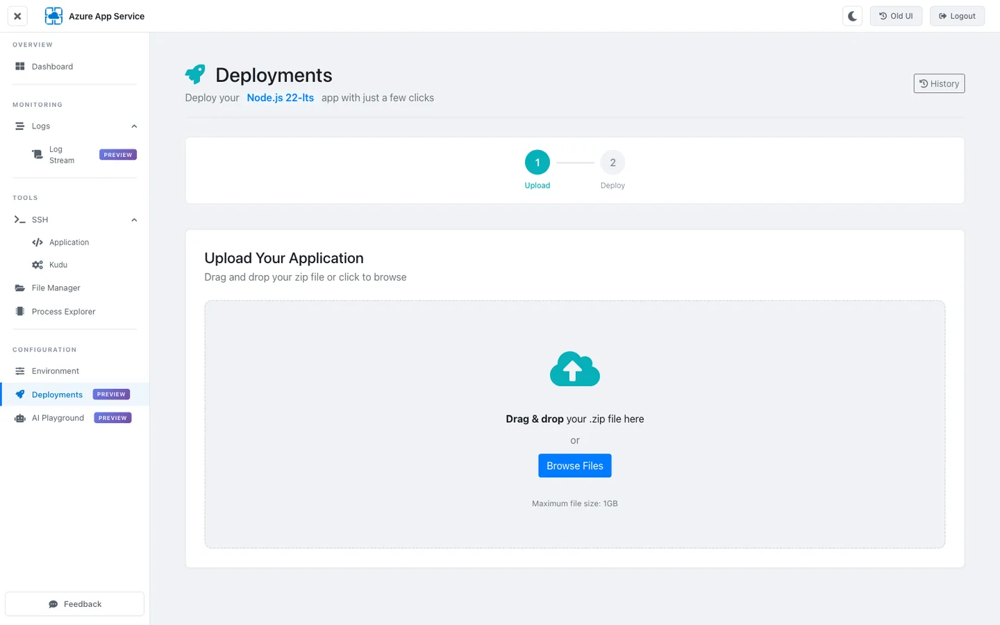 KuduLite modern UI Deployments page. Left sidebar with TOOLS → Deployments highlighted. Main pane title "Deploy your Node.js 22-lts app" with PREVIEW badge. Two-step wizard: (1) Upload — drag-and-drop area labeled "Drop your artifact here or click to browse. Max 1 GB. Supported formats: .zip, .tar.gz". (2) Deploy — button labeled "Deploy". Below the wizard: informational card "This will replace the current running artifact. Rollback via /api/deployments PUT after the swap.".