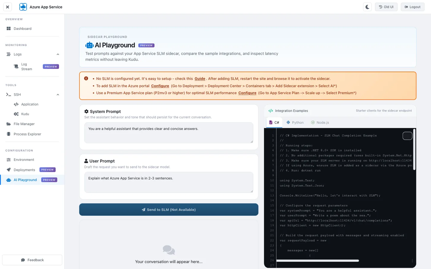 KuduLite modern UI AI Playground page. Left sidebar with TOOLS → AI Playground highlighted. Main pane title "SIDECAR PLAYGROUND" with PREVIEW badge. Orange info callout: "No SLM is configured yet. Configure a sidecar container that exposes an OpenAI-compatible endpoint at localhost:11434/v1/chat/completions to enable the playground.". Below that, code sample tabs: C#, Python, Node.js (Node.js active). Node.js sample shows fetch('http://localhost:11434/v1/chat/completions', ...) with a JSON body containing "model" and "messages" fields.
