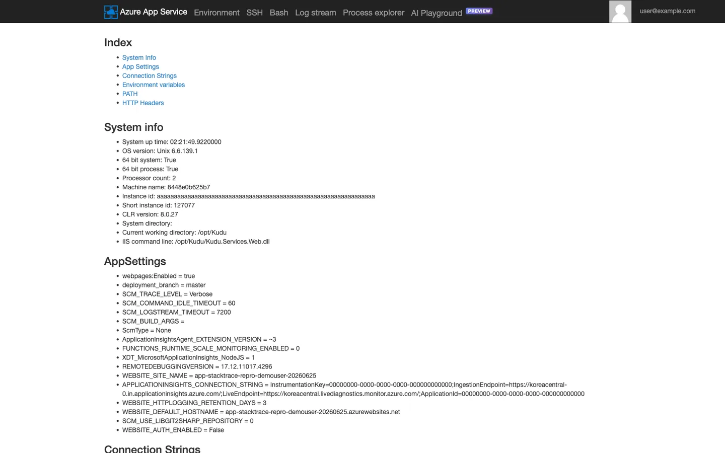KuduLite classic UI Environment page at /oldui/env. Top navigation shows Environment (current), SSH, Bash, Log stream, Process explorer, AI Playground PREVIEW. Main content area displays same system data as the modern UI but formatted as bullet lists: "System info" section lists OS Name: Unix, OS Version: 6.6.139.1-1.cm2, 64 bit system: True, 64 bit process: True, Processor count: 1, Machine name: 8448e0b625b7, Instance ID: aaaaaaaaaaaaaaaaaaaaaaaaaaaaaaaaaaaaaaaaaaaaaaaaaaaaaaaaaaaaaaaa, CLR version: 8.0.27, Kudu version: 1.0.0.0, Site up time: 00.00:12:34, Site folder: /home, Temp folder: /tmp. Below that, AppSettings, Connection Strings, Environment Variables, PATH, HTTP Headers, Server Variables sections each show key-value pairs.