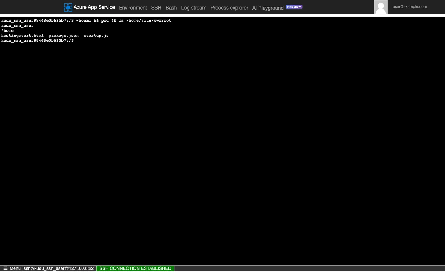 KuduLite classic UI Bash console at /oldui/webssh/host. Simple black terminal box on white background. Terminal shows: "Welcome to the Kudu container terminal!" prompt "kudu_ssh_user@8448e0b625b7:/$". Info banner above terminal: "Bash into the Kudu container - ssh://kudu_ssh_user@127.0.0.6:22".