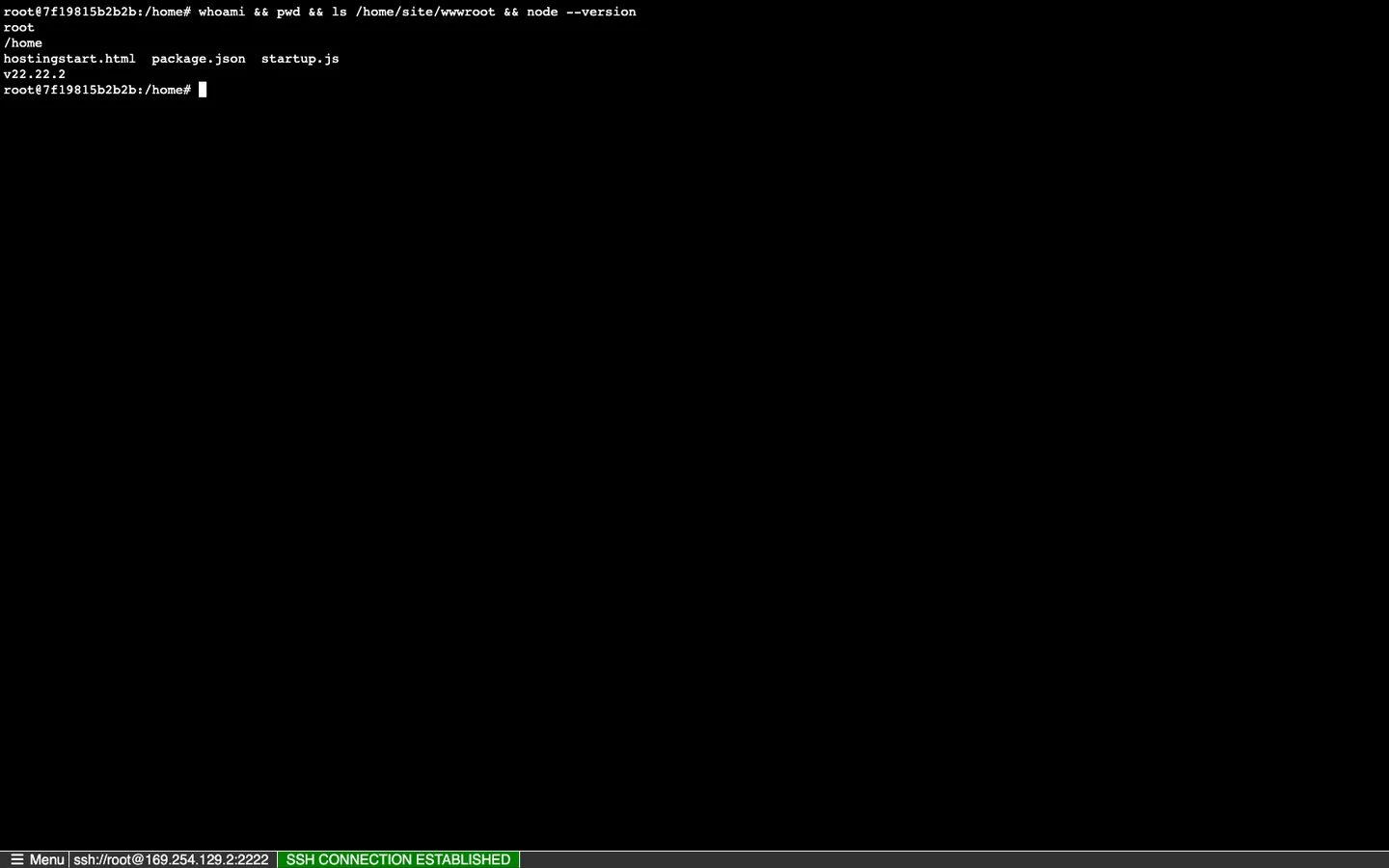 KuduLite classic UI WebSSH terminal at /oldui/webssh. Simple black terminal box with green text on white page background. Terminal shows: "Welcome to the Application container terminal!" prompt "root@7f19815b2b2b:/home#". Info banner above terminal: "SSH into the app container - ssh://root@169.254.129.2:2222".