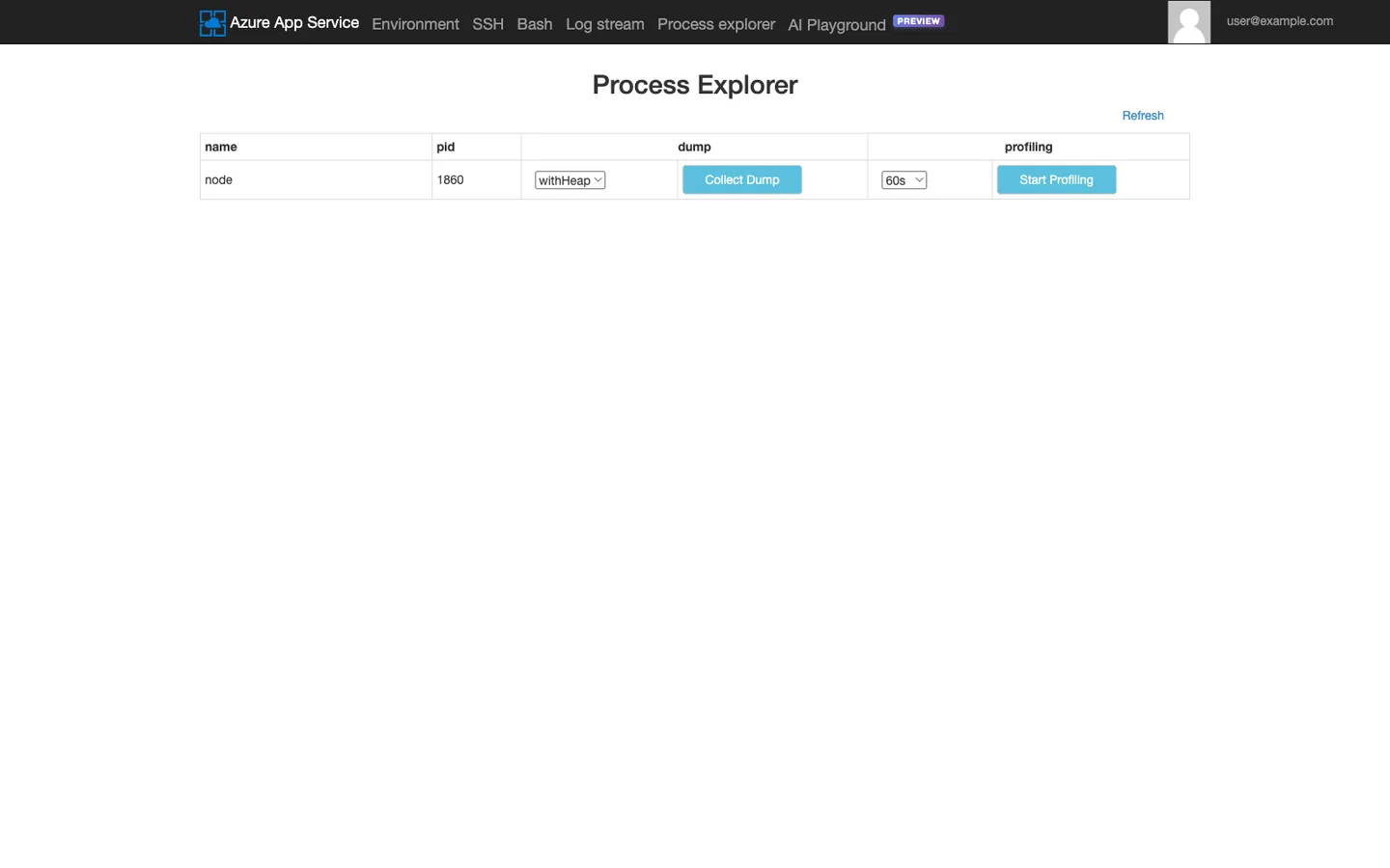 KuduLite classic UI Process Explorer page at /oldui/processexplorer. Simple HTML table on white background. Columns: id, name, file name, cpu time, working set, private memory, threads, handles, is scm site, actions. Single visible row: id 1860, name node, file name /home/site/wwwroot/server.js, cpu time 00:00:15, working set 87 MB, private memory 92 MB, threads 8, handles 42, is scm site False. Actions column shows teal buttons: `Properties`, `Kill`, `Dump`, `Profile`.