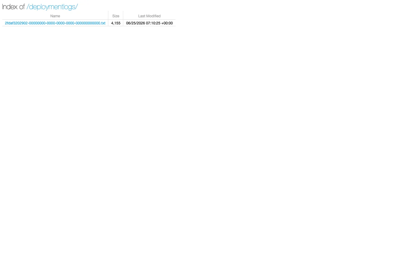 Classic Kudu deployment logs index at /deploymentlogs/. Bare HTML page with the title "Index of /deploymentlogs/". Two columns visible: Name and Size. Single entry: 2fdaf3202902-1c8a4b-... .txt (4155 bytes). No wizard, no action buttons — pure directory listing.
