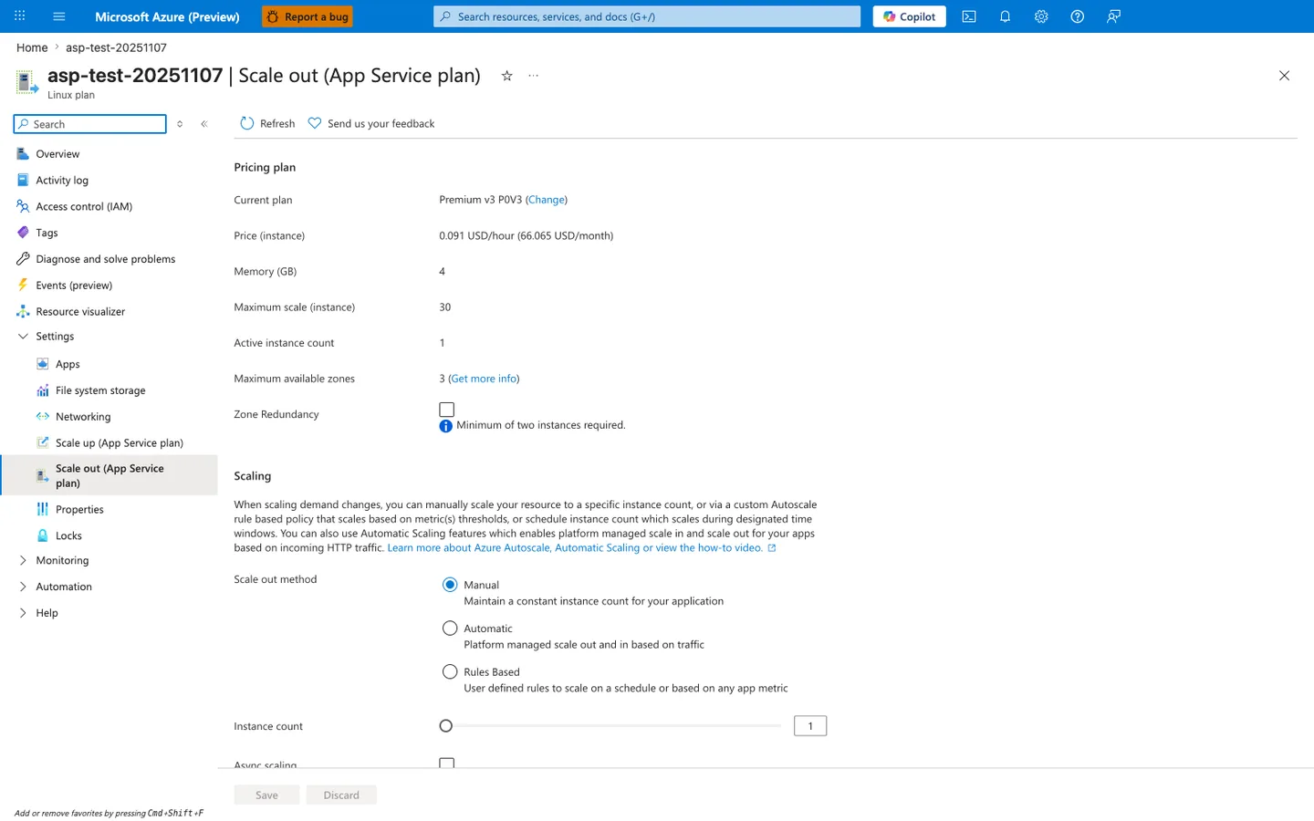 Scale out (App Service plan) blade for the Linux plan `asp-test-20251107`, opened with the command bar Refresh and Send us your feedback. A Pricing plan section shows Current plan "Premium v3 P0V3" (with a Change link), Price (instance) "0.091 USD/hour (66.065 USD/month)", Memory (GB) 4, Maximum scale (instance) 30, Active instance count 1, Maximum available zones 3, and a Zone Redundancy checkbox annotated "Minimum of two instances required." A Scaling section explains manual, rule-based, and automatic scaling, then presents a "Scale out method" radio group — Manual (selected), Automatic, and Rules Based — followed by an Instance count slider set to 1 and a disabled Save / Discard command bar.