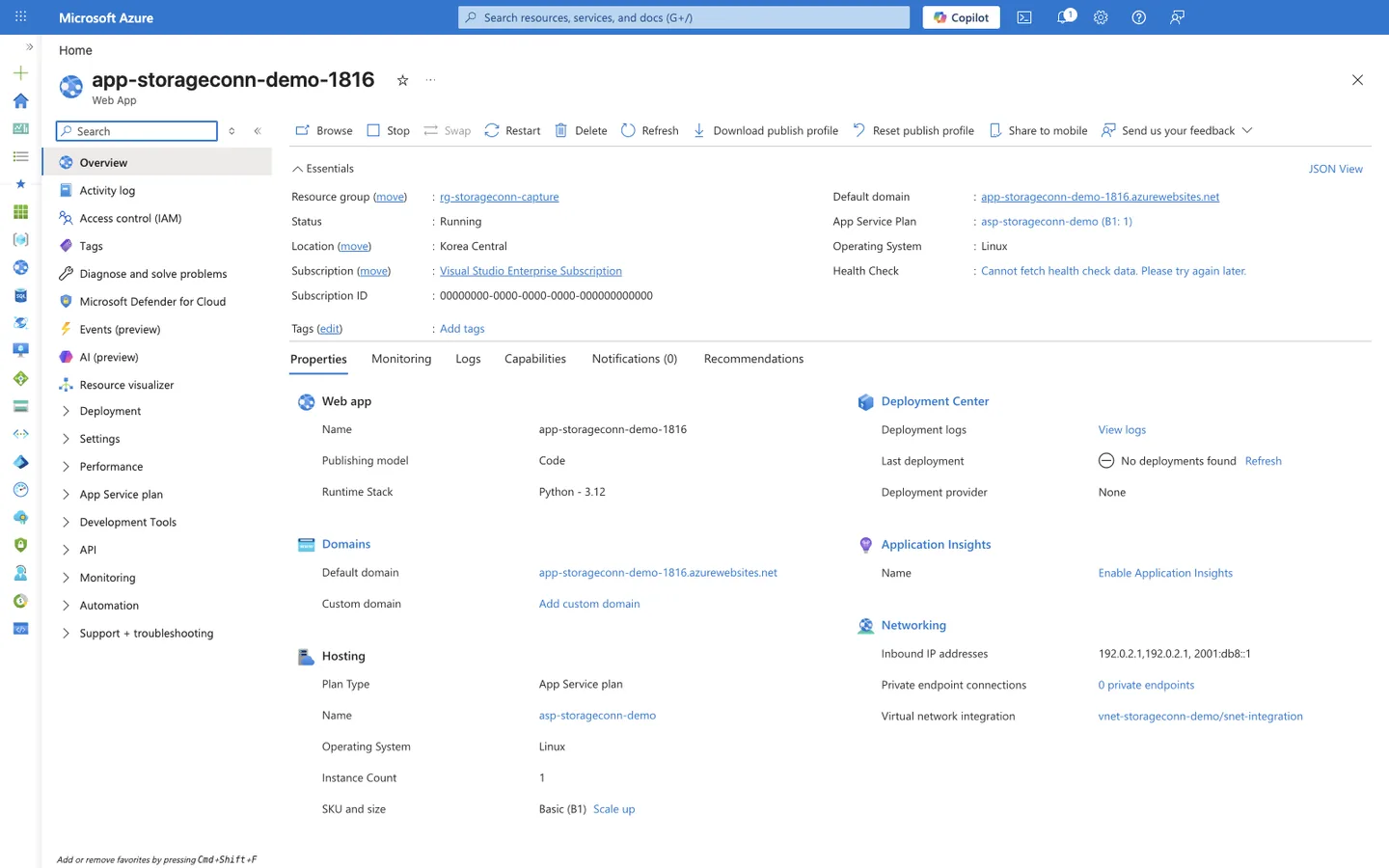App Service Overview blade showing Virtual network integration bound to vnet-storageconn-demo/snet-integration