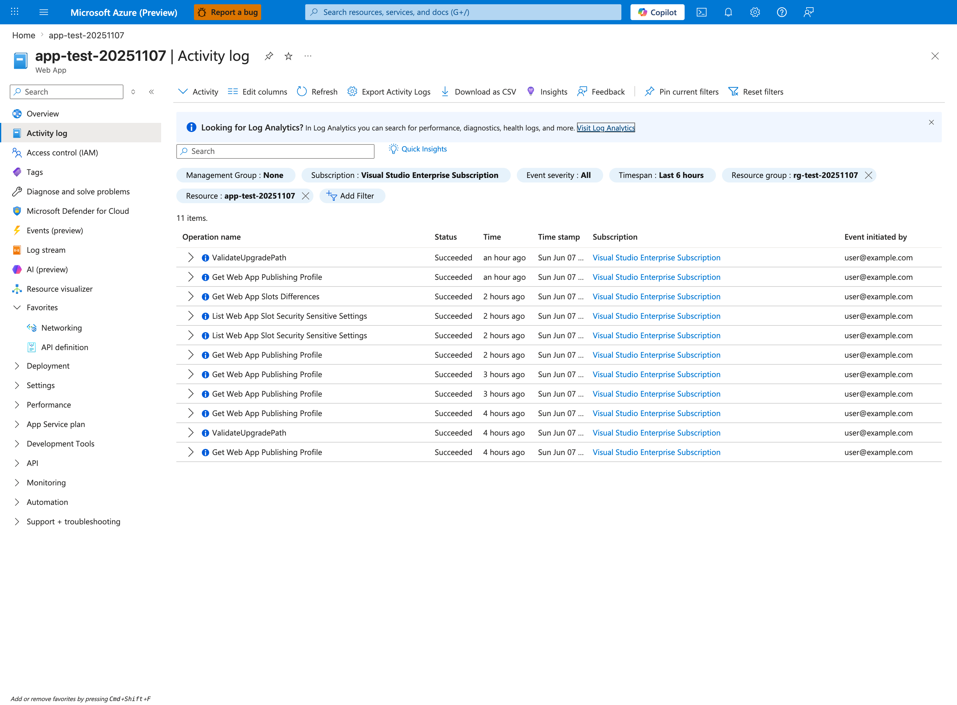 Activity log filtered to one web app over the last 6 hours, listing management operations with their status and initiator
