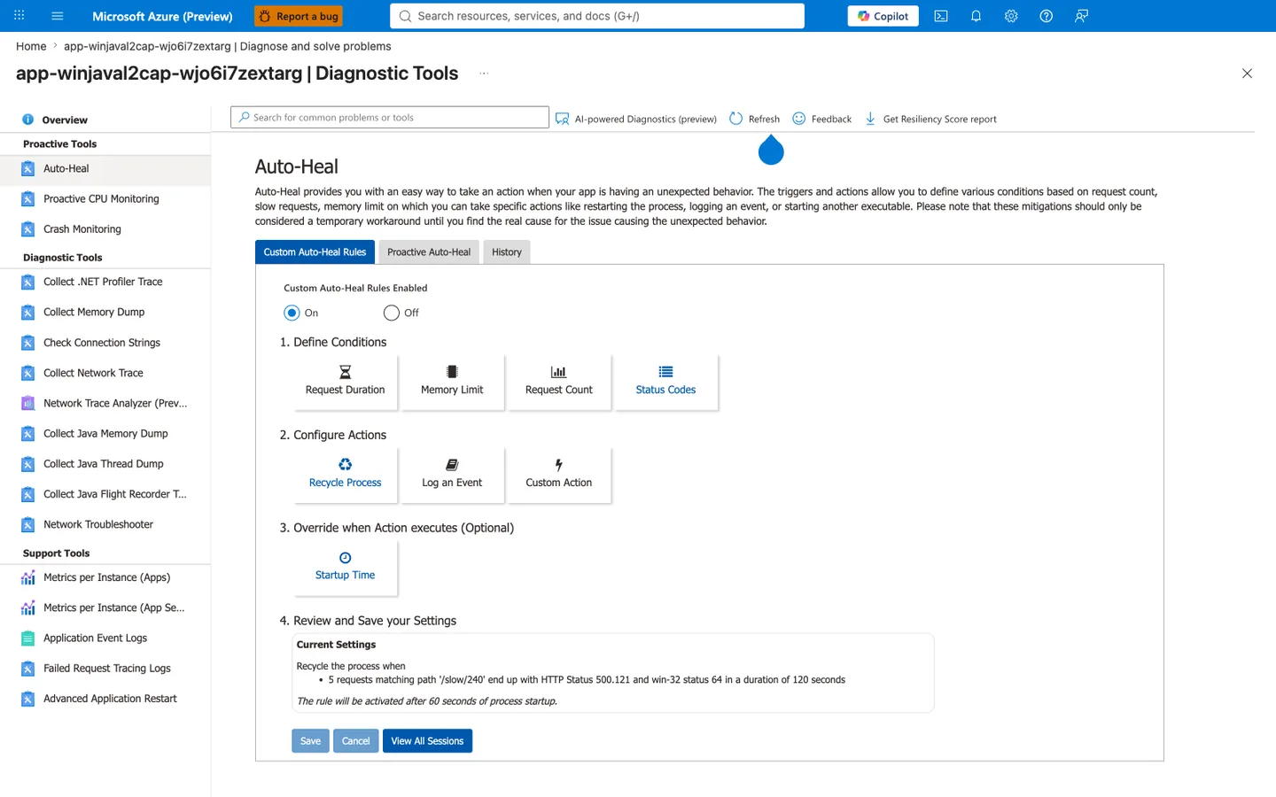 Azure Portal Auto-Heal blade showing Custom Auto-Heal Rules Enabled=On with a Recycle Process action targeting HTTP 500.121 win32=64 on /slow/240 with 5 requests in 120 seconds and 60-second startup override