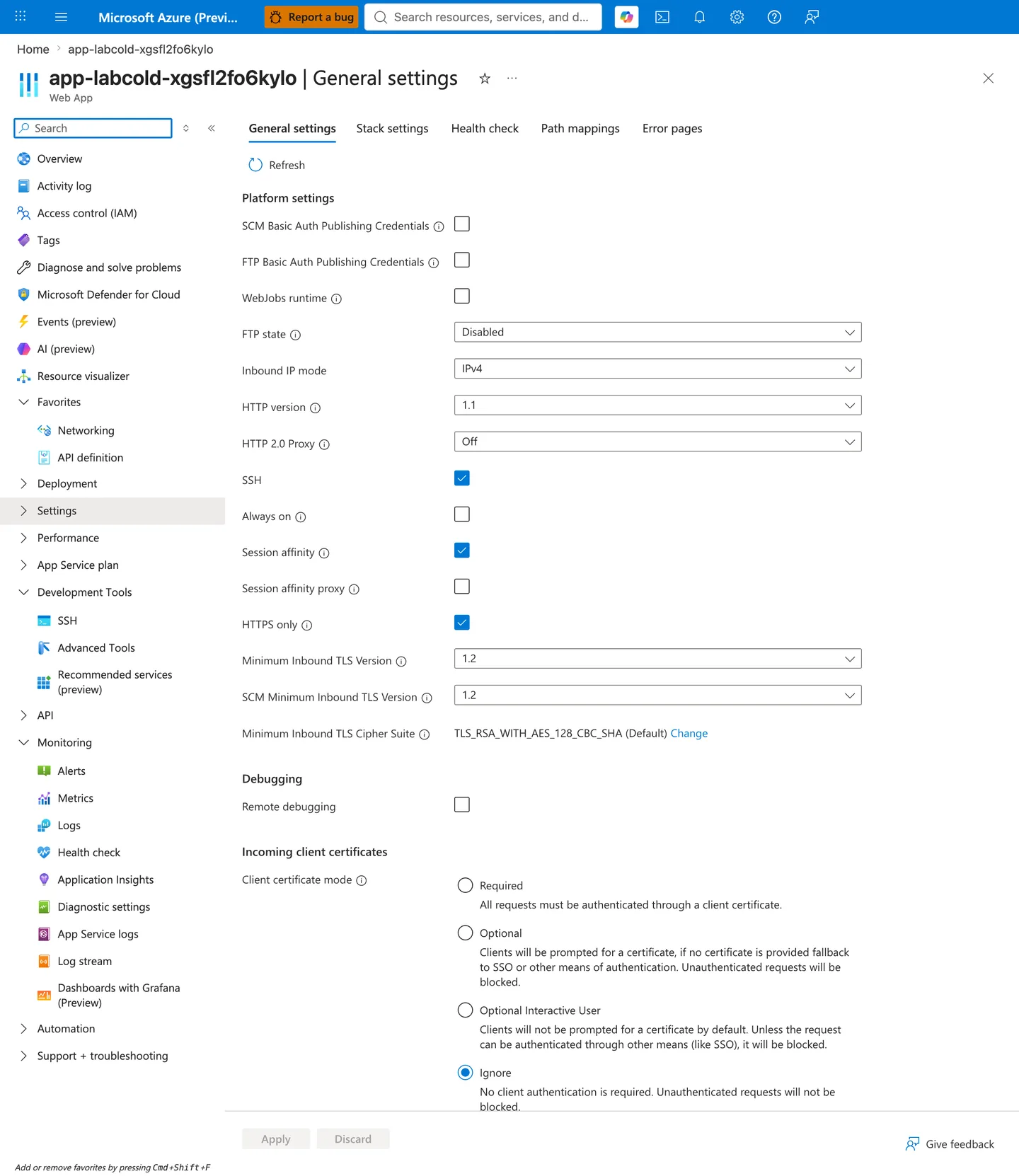 Azure portal General settings blade for Web App app-labcold-xgsfl2fo6kylo with breadcrumb "Home > app-labcold-xgsfl2fo6kylo". Blade heading reads "app-labcold-xgsfl2fo6kylo | General settings" and the "General settings" tab is active (sibling tabs: Stack settings, Health check, Path mappings, Error pages). The Platform settings section shows SCM Basic Auth Publishing Credentials unchecked, FTP Basic Auth Publishing Credentials unchecked, WebJobs runtime unchecked, FTP state Disabled, Inbound IP mode IPv4, HTTP version 1.1, HTTP 2.0 Proxy Off, SSH checked, and the key setting "Always on" UNCHECKED. Session affinity is checked, Session affinity proxy unchecked, HTTPS only checked, Minimum Inbound TLS Version 1.2, SCM Minimum Inbound TLS Version 1.2, Minimum Inbound TLS Cipher Suite TLS_RSA_WITH_AES_128_CBC_SHA (Default). Debugging section shows Remote debugging unchecked. Incoming client certificates section shows Client certificate mode set to Ignore. Apply and Discard buttons at the bottom are both disabled, confirming the displayed state matches the persisted configuration.