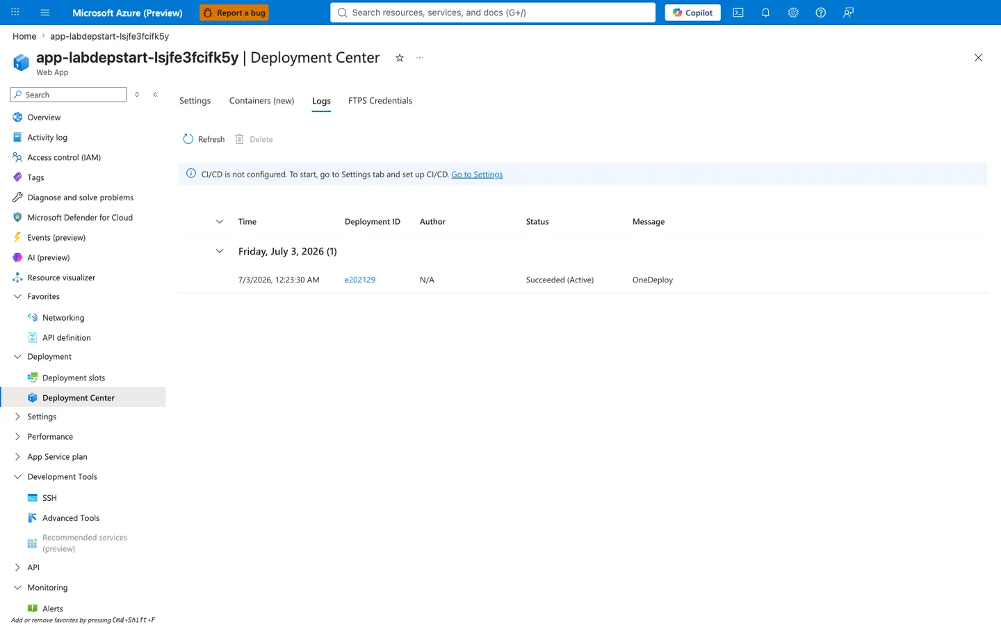 Deployment Center Logs tab showing deployment ID e202129 with Status "Succeeded (Active)", author "N/A", message "OneDeploy", and timestamp 7/3/2026, 12:23:30 AM (2026-07-02T15:23:30Z UTC). The row's green Succeeded badge is the control-plane signal that misleads operators into believing the app is healthy.