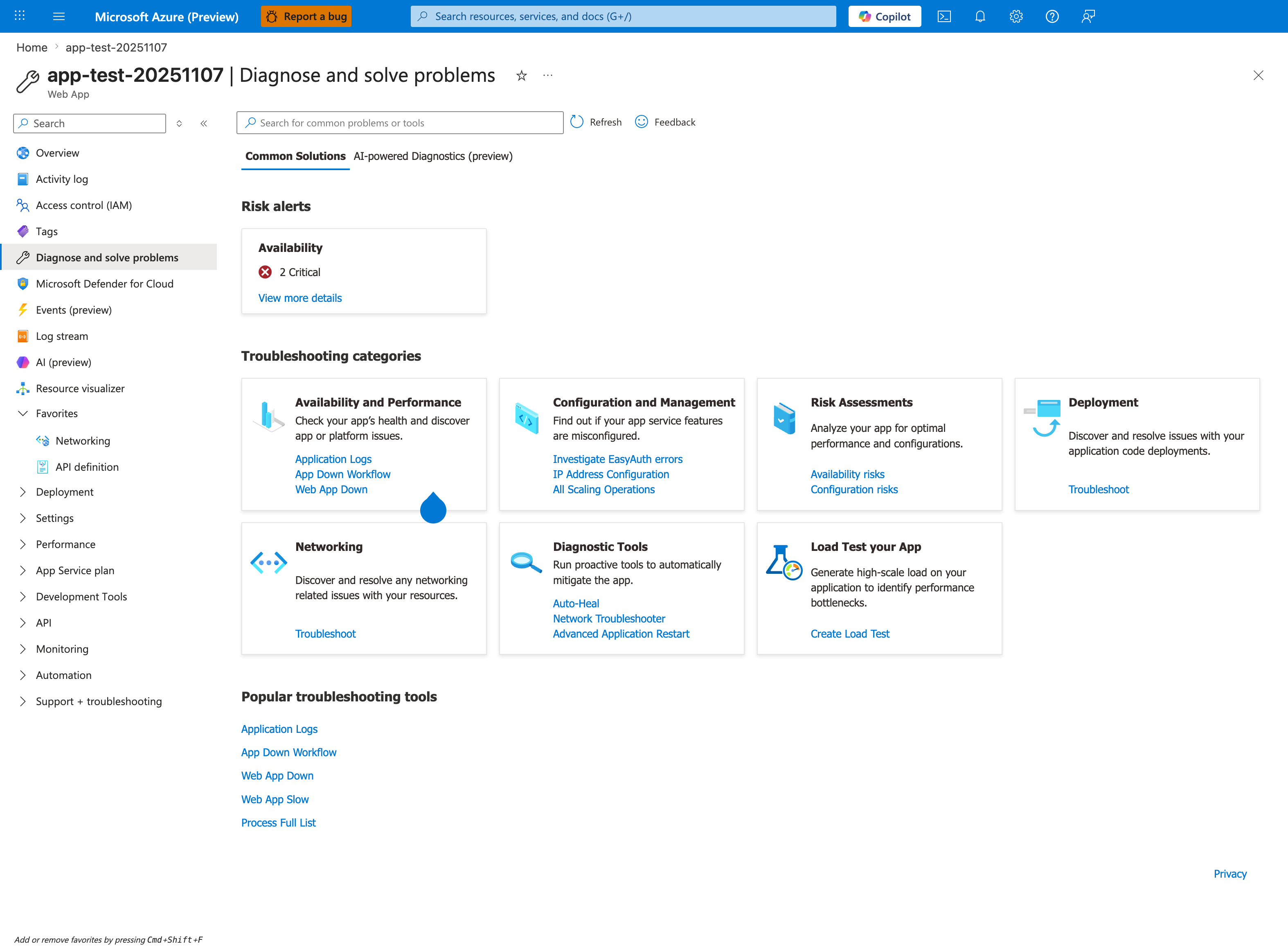 Diagnose and solve problems landing page with a Risk alerts card and troubleshooting category cards