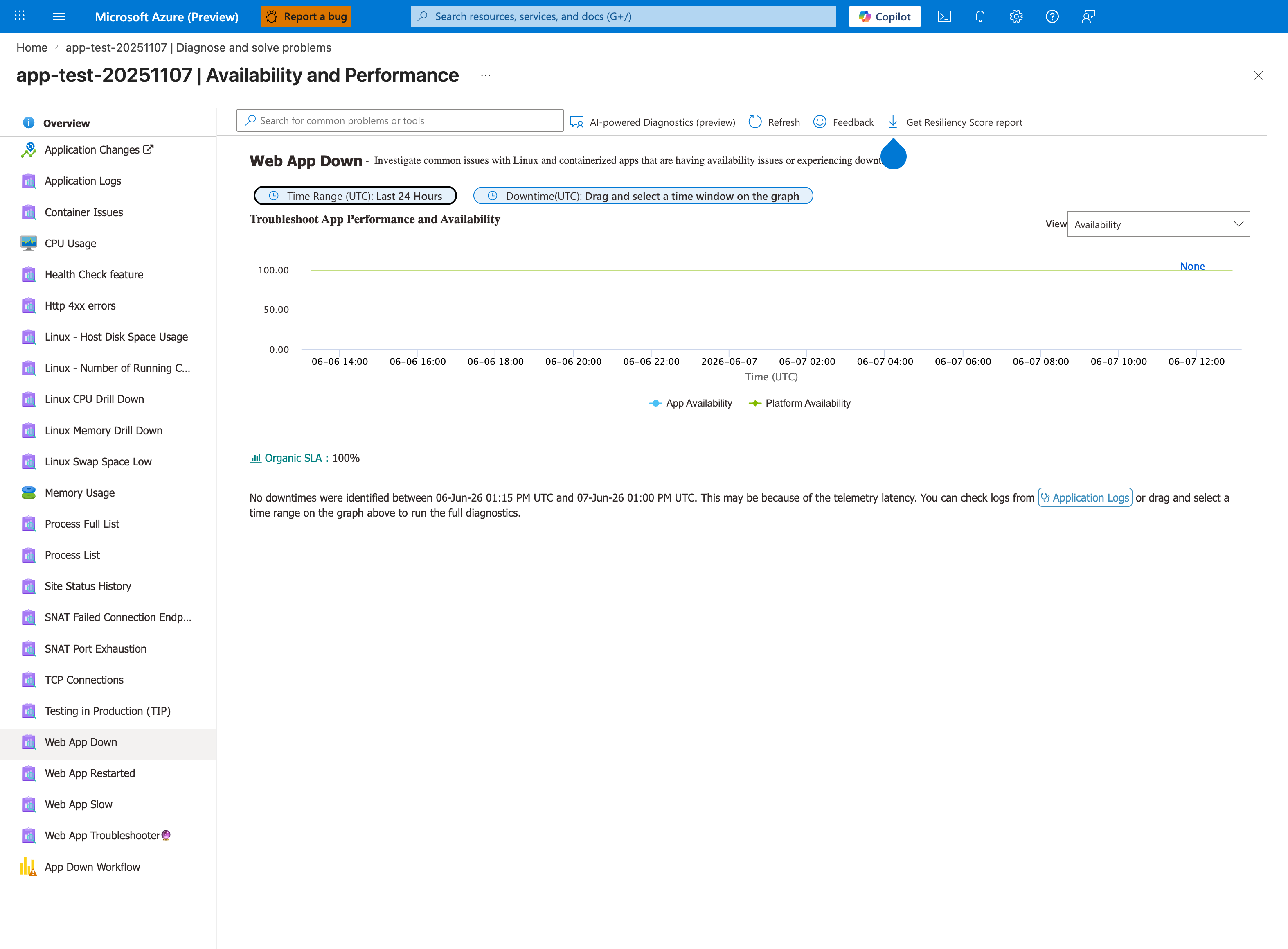 Web App Down detector showing 100 percent availability over the last 24 hours and a message that no downtime was identified