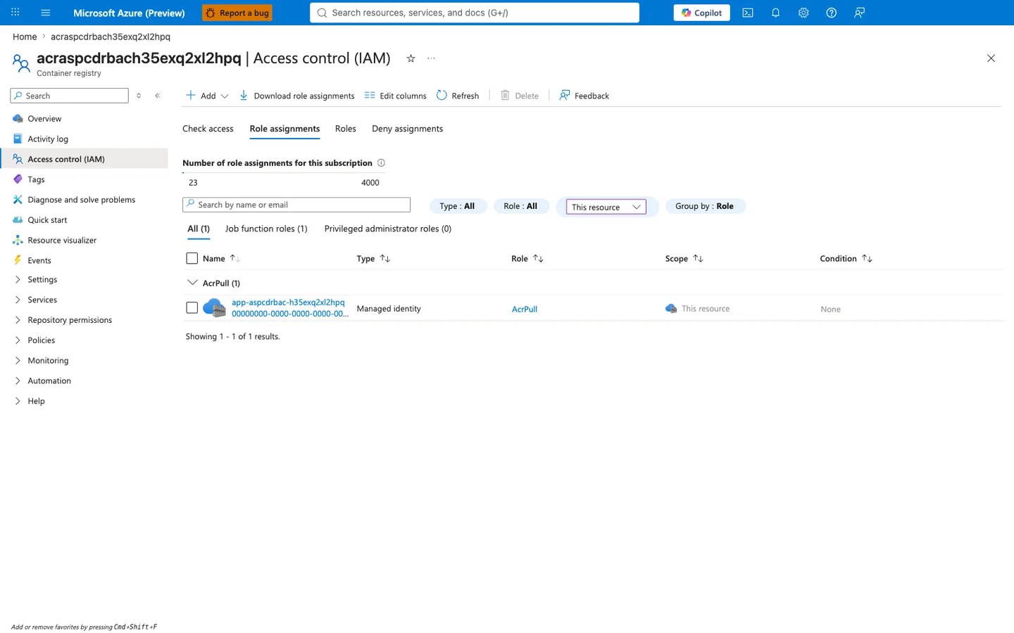 Azure portal Access control (IAM) blade titled "acraspcdrbach35exq2xl2hpq | Access control (IAM)" (Container registry) with breadcrumb Home > acraspcdrbach35exq2xl2hpq, a toolbar of Add, Download role assignments, Edit columns, Refresh, Delete, Feedback, and left nav Access control (IAM) (selected). Tab strip shows Check access, Role assignments (selected), Roles, Deny assignments. A summary reads "Number of role assignments for this subscription 23 of 4000". Filter chips are set to Type: All, Role: All, Scope: This resource, Group by: Role. Sub-tabs show All (1), Job function roles (1), Privileged administrator roles (0). The results grid has columns Name, Type, Role, Scope, Condition. An expanded "AcrPull (1)" group contains a single row: a Container registry icon, Name app-aspcdrbac-h35exq2xl2hpq with a secondary line 00000000-0000-0000-0000-000000000... (Managed identity clientId, PII masked), Type Managed identity, Role AcrPull (link), Scope "This resource", Condition None. Footer reads "Showing 1 - 1 of 1 results."