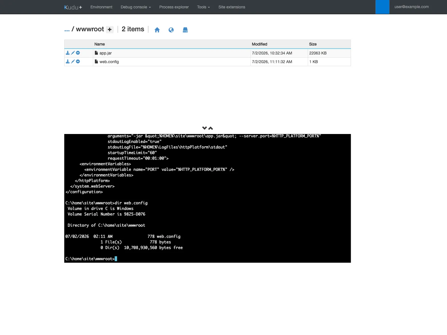 Kudu Debug Console CMD session showing web.config in D:\home\site\wwwroot with requestTimeout="00:01:00" inside the httpPlatform element