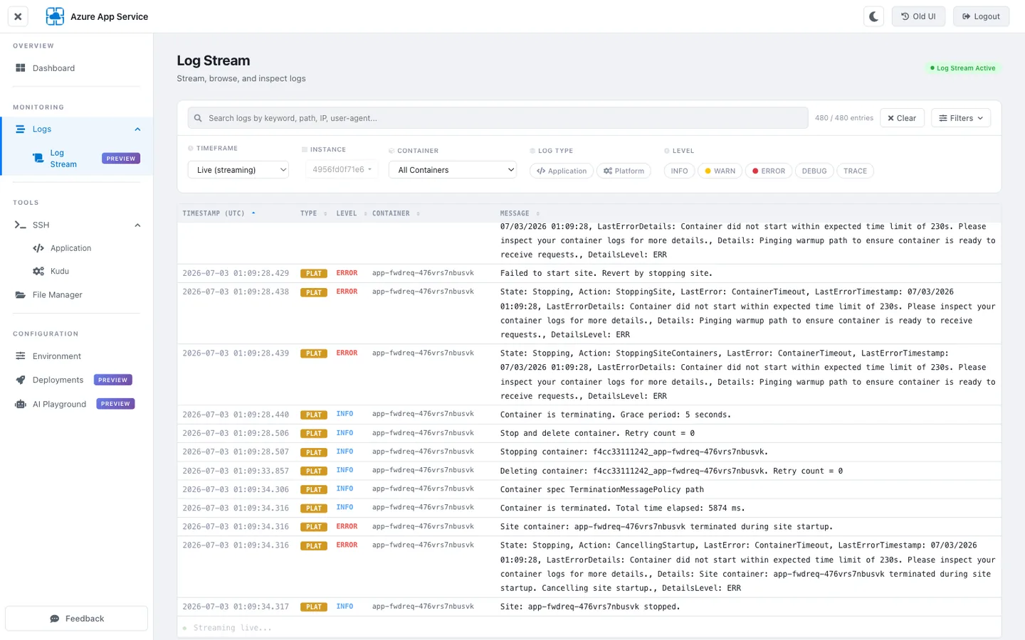 Kudu Log Stream (KuduLite /logs endpoint) for app-fwdreq-476vrs7nbusvk showing 480 streamed log entries in the failing window. The stream is filled with red PLAT ERROR rows citing LastError ContainerTimeout with LastErrorTimestamp 07/03/2026 01:09:28. Additional entries include "Container did not start within expected time limit of 230s", "Details: Pinging warmup path to ensure container is ready to receive requests", "State: Stopping, Action: StoppingSite / StoppingSiteContainers", "Site container: app-fwdreq-476vrs7nbusvk terminated during site startup", "Container is terminated. Total time elapsed: 5874 ms", and "Cancelling site startup". The instance identifier displayed is a 12-character truncated hash (4956fd0f71e6...) and the container ID prefix is likewise truncated (f4cc33111242).