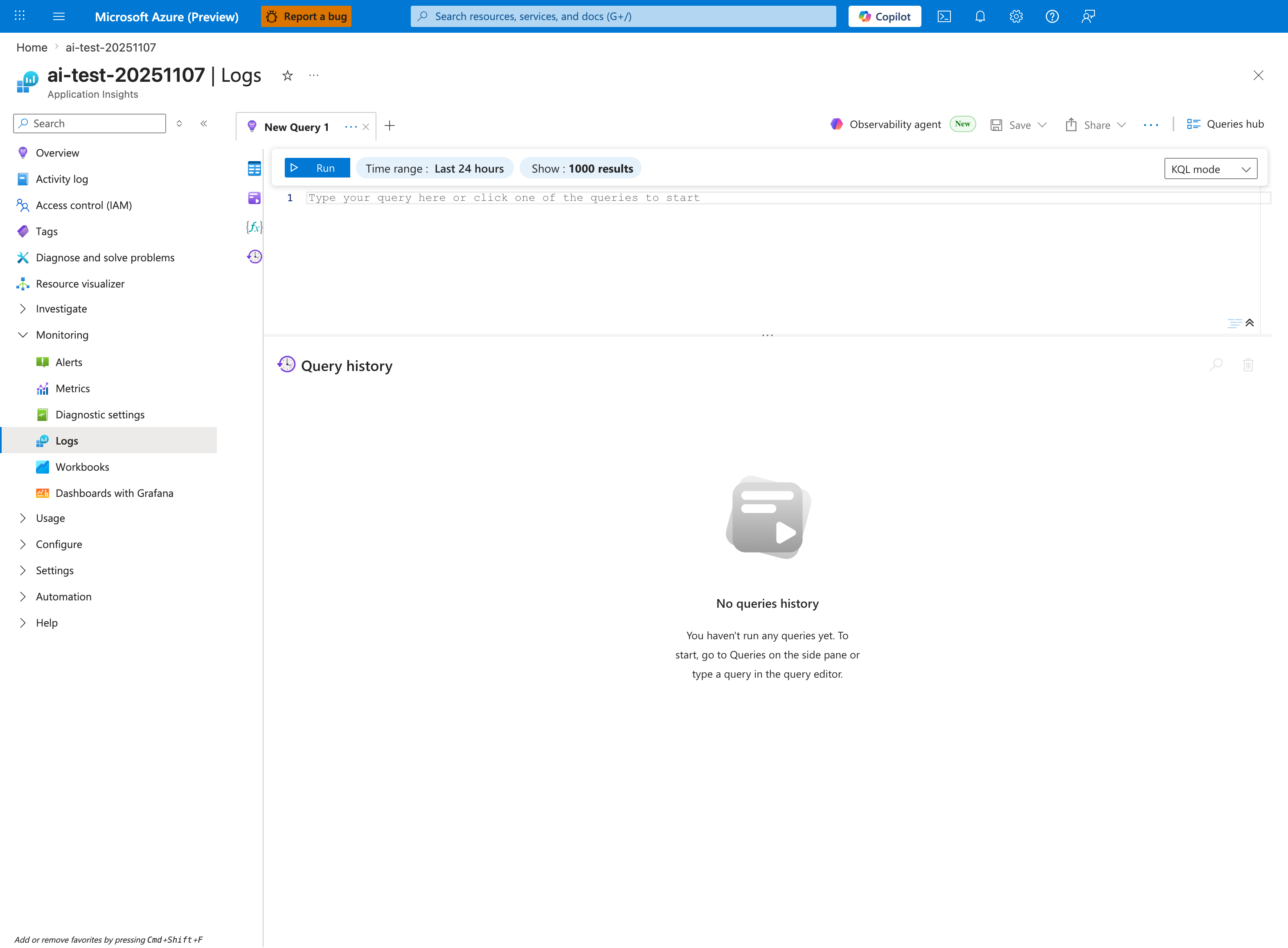 Application Insights Logs blade with an empty KQL query editor, the time range set to Last 24 hours, and no query history