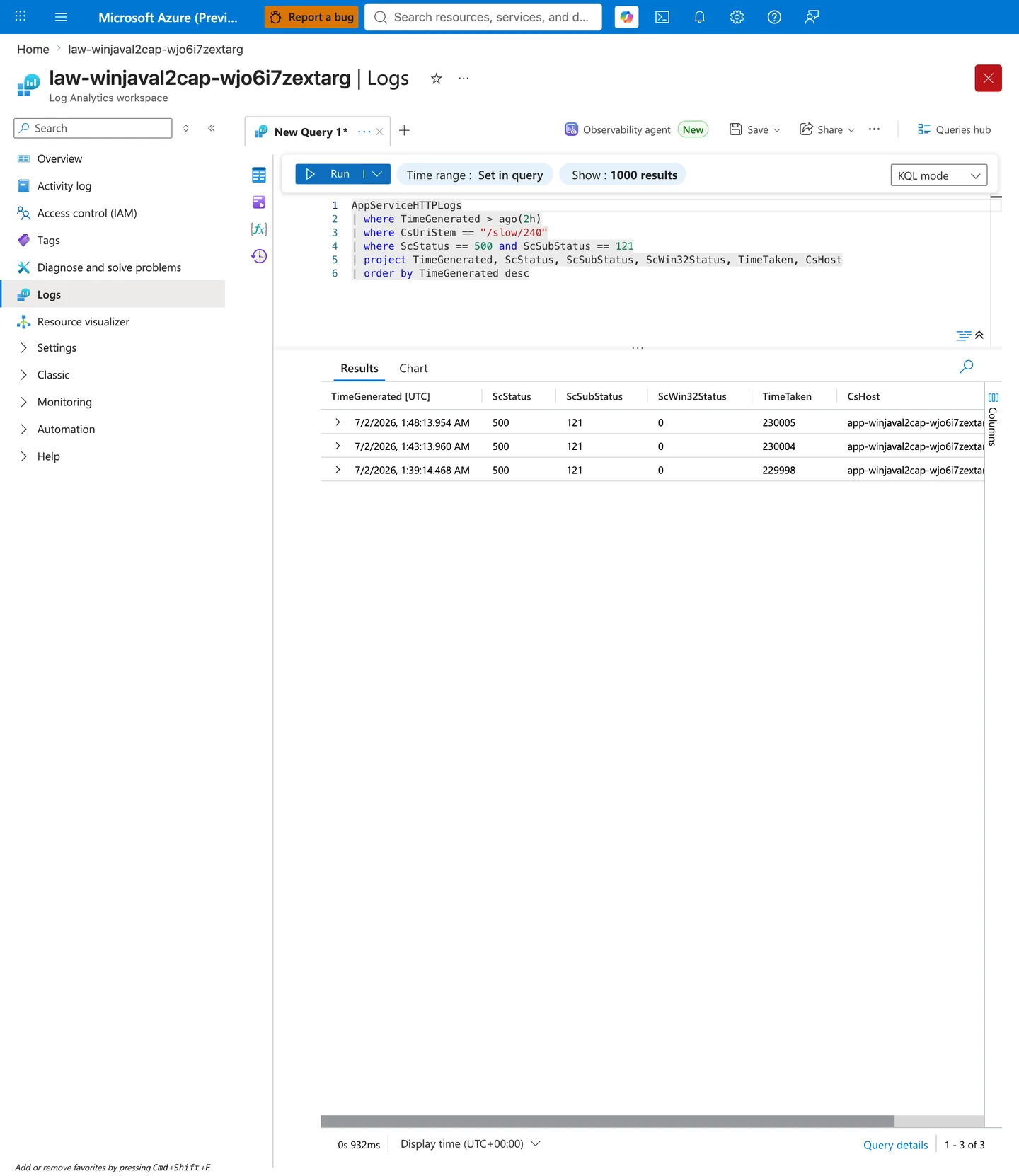 Azure Log Analytics results table showing 5-minute bins with TotalRequests, FE_Reset_64, Handler_Timeout_12002, and Pct_64 columns for the signature-transition query