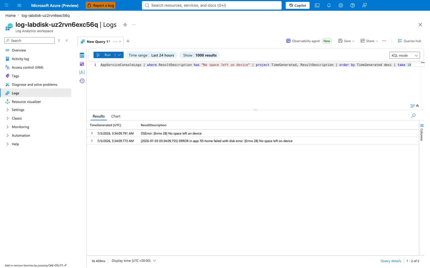 Azure portal Log Analytics workspace Logs blade for workspace log-labdisk-uz2rvn6exc56q with breadcrumb "Home > log-labdisk-uz2rvn6exc56q". Blade heading reads "log-labdisk-uz2rvn6exc56q | Logs" and the sub-heading reads "Log Analytics workspace". The left navigation shows Logs highlighted, with sibling entries Overview, Activity log, Access control (IAM), Tags, Diagnose and solve problems, Resource visualizer, Settings, Classic, Monitoring, Automation, and Help. The query editor tab reads "New Query 1*" and the KQL editor shows the query AppServiceConsoleLogs | where ResultDescription has "No space left on device" | project TimeGenerated, ResultDescription | order by TimeGenerated desc | take 10. The query bar has a green Run button, Time range set to "Last 24 hours", Show set to "1000 results", and the mode dropdown is on "KQL mode". The Results tab is active (sibling tab: Chart). The grid has two columns "TimeGenerated (UTC)" and "ResultDescription" with two rows: row one is "7/3/2026, 3:34:09.791 AM" and "OSError: (Errno 28) No space left on device"; row two is "7/3/2026, 3:34:09.773 AM" and "(2026-07-03 03:34:09,755) ERROR in app: fill-home failed with disk error: (Errno 28) No space left on device". Bottom left shows query duration "0s 459ms". Bottom right shows "Query details" and pagination "1 - 2 of 2".