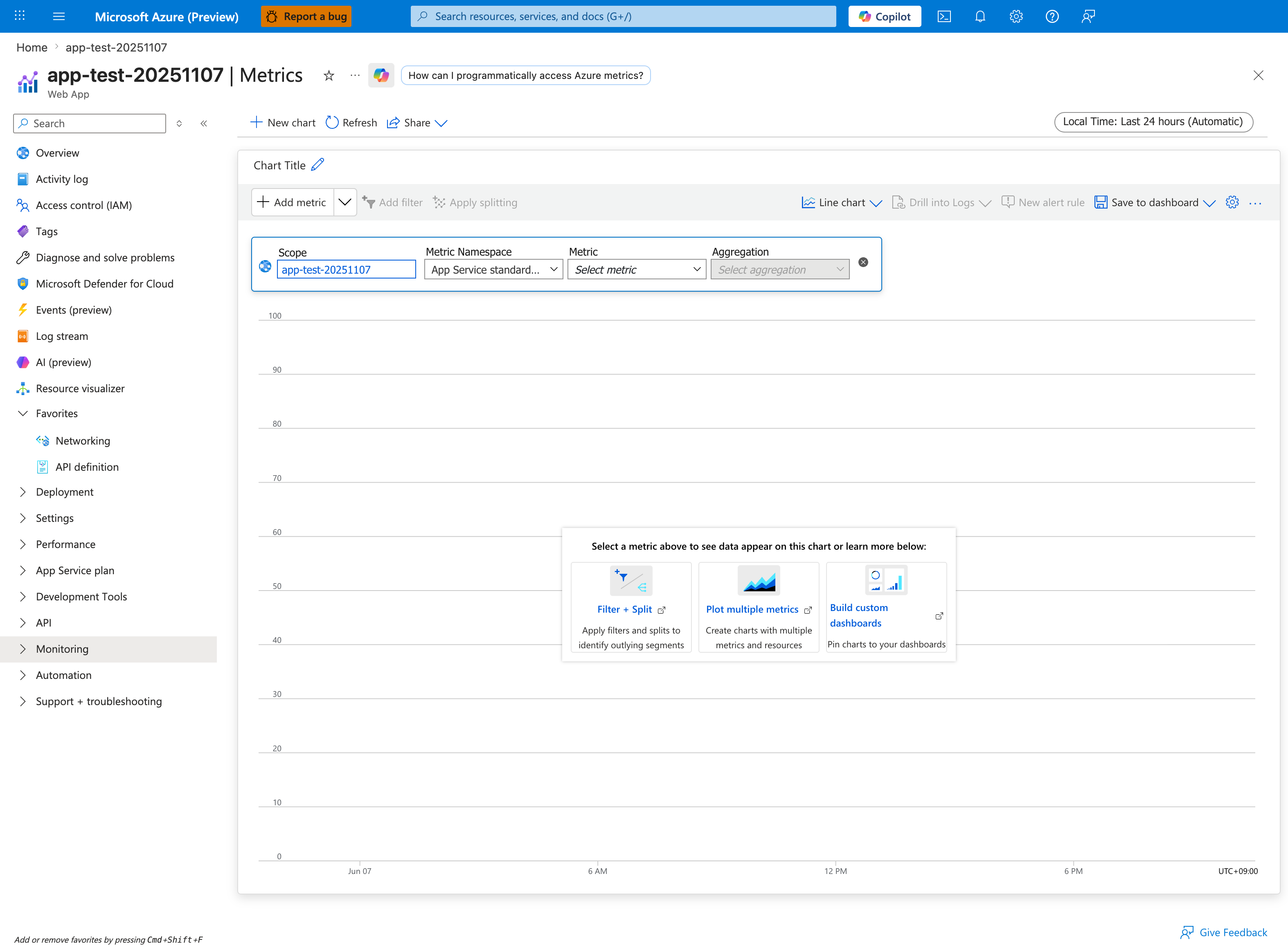 Metrics blade with an empty chart and the metric selector on the App Service standard metrics namespace with no metric selected