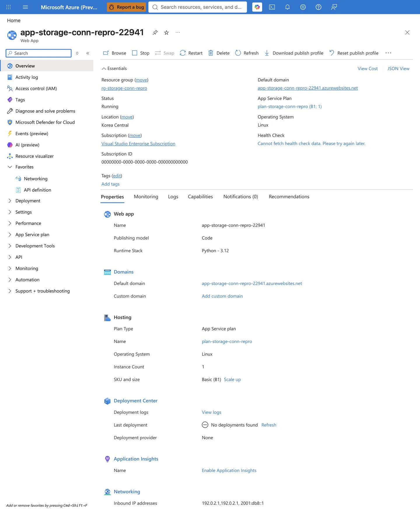 App Service Overview blade for a running Linux Python 3.12 web app, showing the resource group, Basic B1 plan, and the Networking section with outbound IP addresses