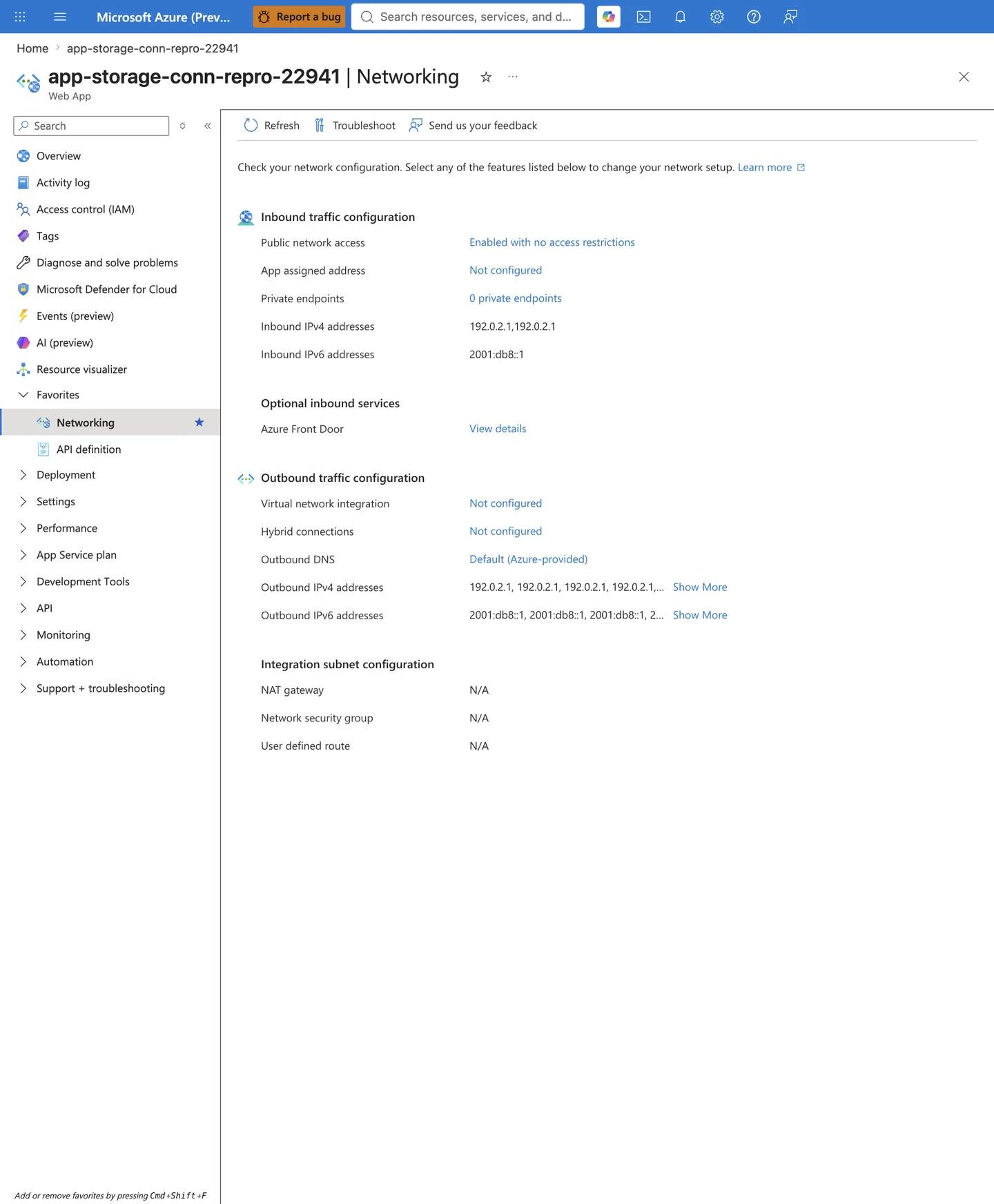App Service Networking blade showing Outbound traffic configuration with Virtual network integration set to Not configured and Outbound DNS set to Default Azure-provided