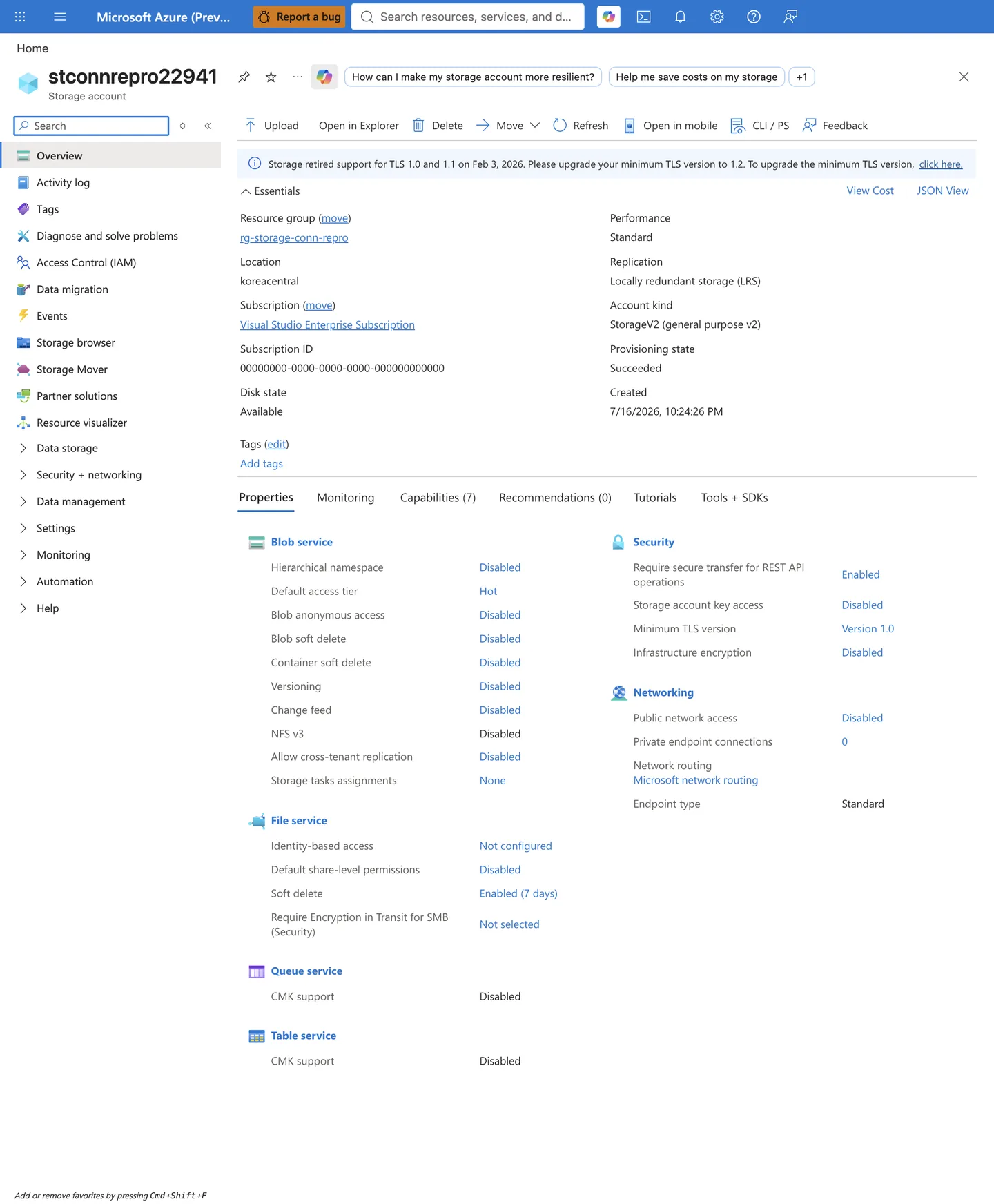 Storage account Overview blade Properties tab, with the Networking section showing Public network access set to Disabled and Security showing Storage account key access Disabled