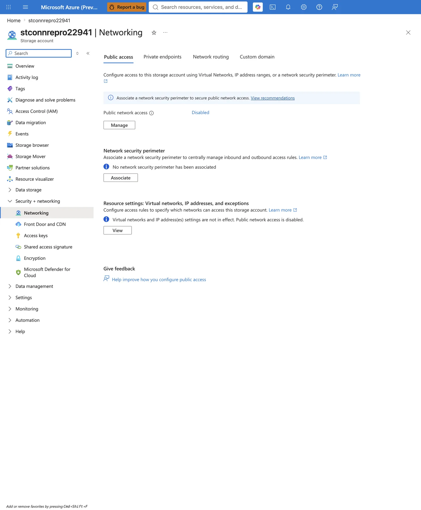 Storage account Networking blade Public access tab, showing Public network access Disabled and the note that virtual network and IP address settings are not in effect because public network access is disabled