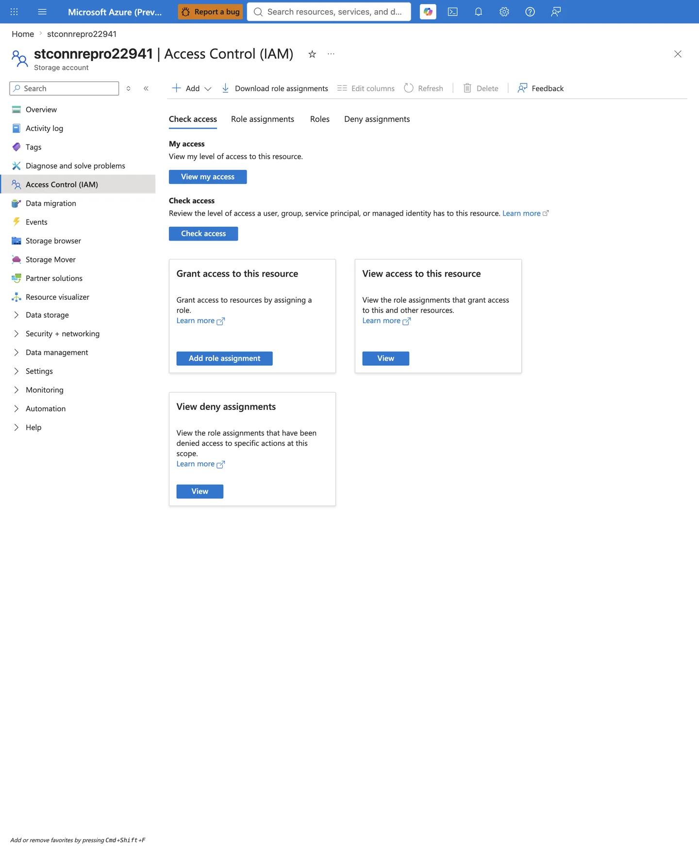 Storage account Access control (IAM) Check access landing page, with the Role assignments, Roles, and Deny assignments tabs and the Grant/View/Deny access cards