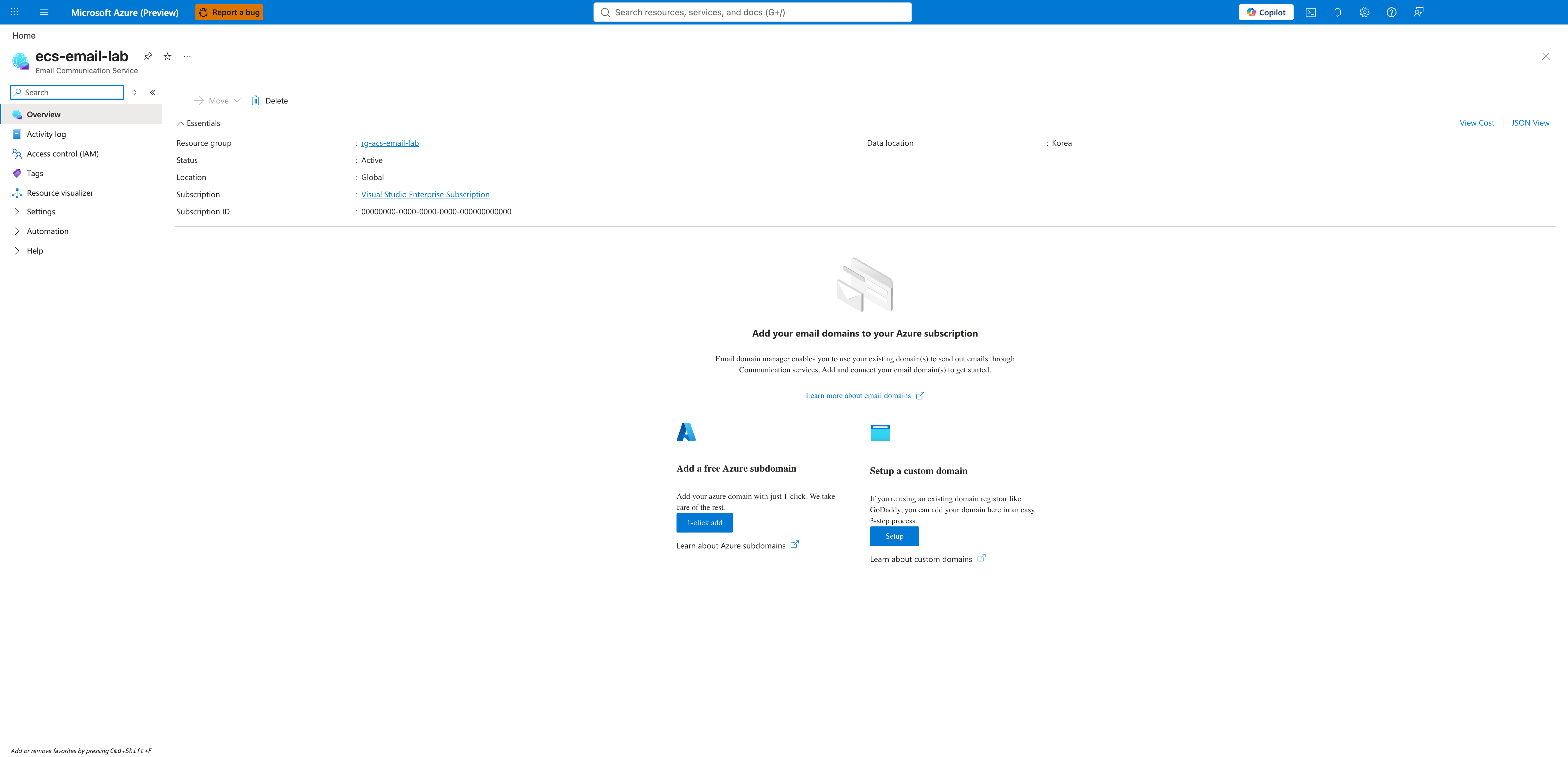 Email Communication Service Overview blade after creation, with Essentials populated and the two "Add your email domains" call-to-action cards