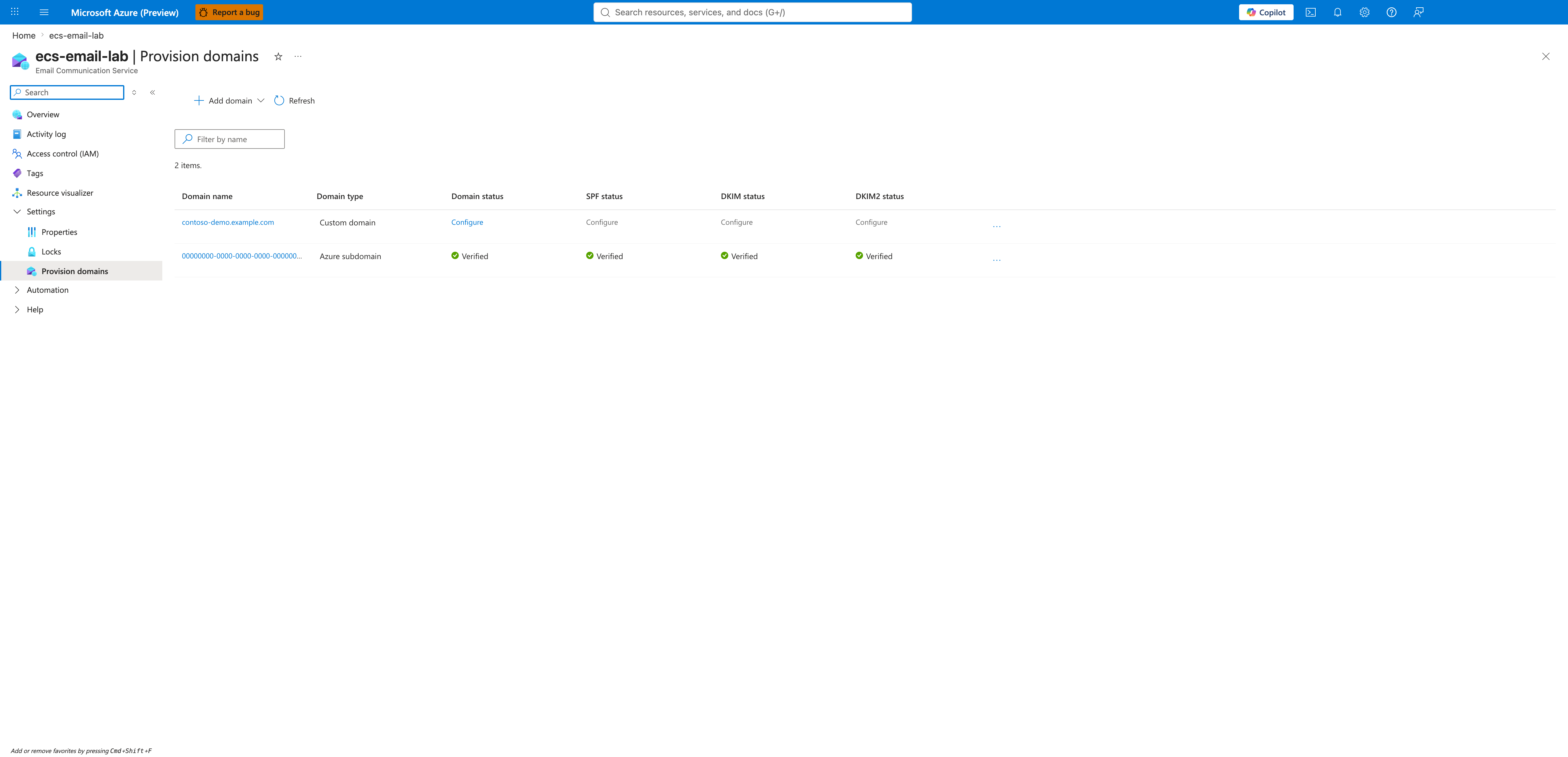 Provision domains grid showing both an AzureManagedDomain (all four status columns Verified) and a custom domain contoso-demo.example.com (all four status columns showing Configure, i.e., not yet verified)