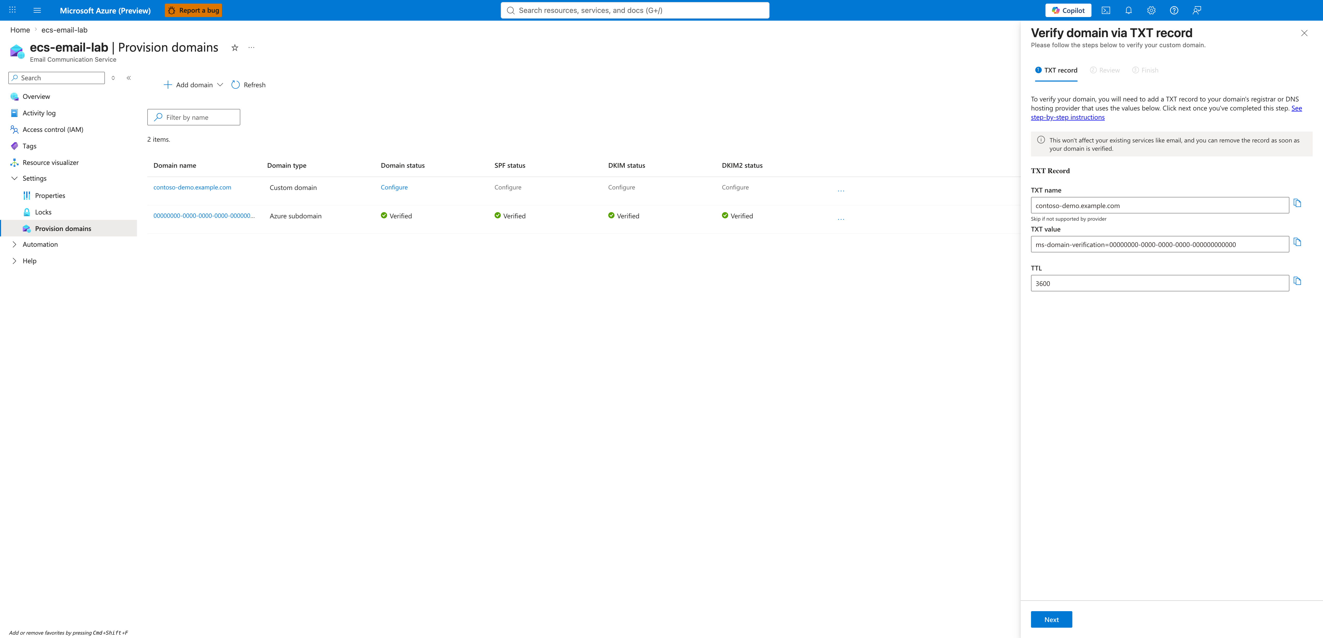 Custom domain verification wizard for the Domain TXT record, showing the host name and TXT value the user must add to their DNS zone, plus the Done button that triggers verification