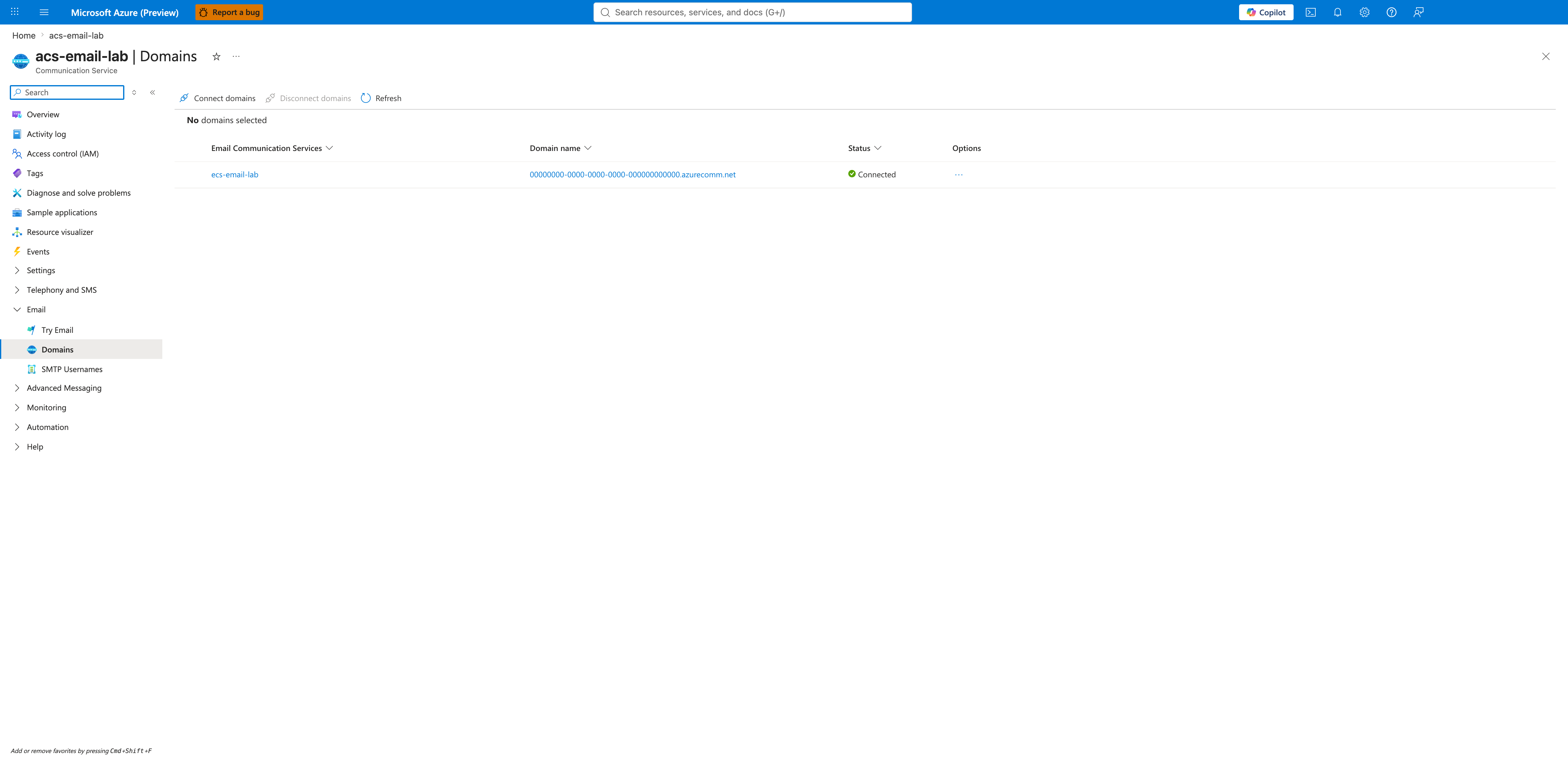 ACS resource Domains blade showing the Connect domain command bar entry and the AzureManagedDomain row already connected, displaying its full azurecomm.net sender address