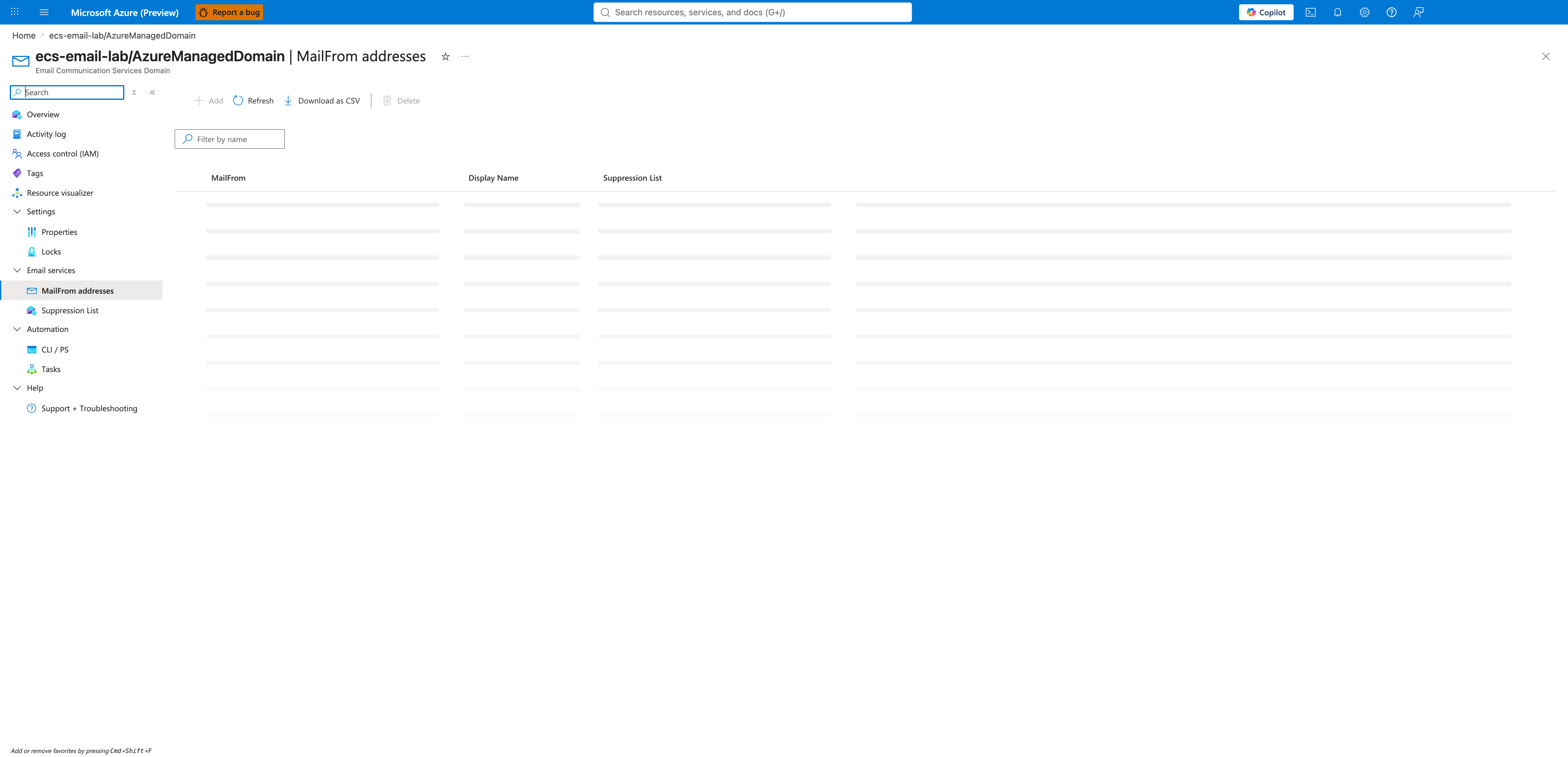 MailFrom addresses blade for the AzureManagedDomain showing the Add command in a disabled state and an empty grid — Azure-managed domains do not allow custom MailFrom rewrites