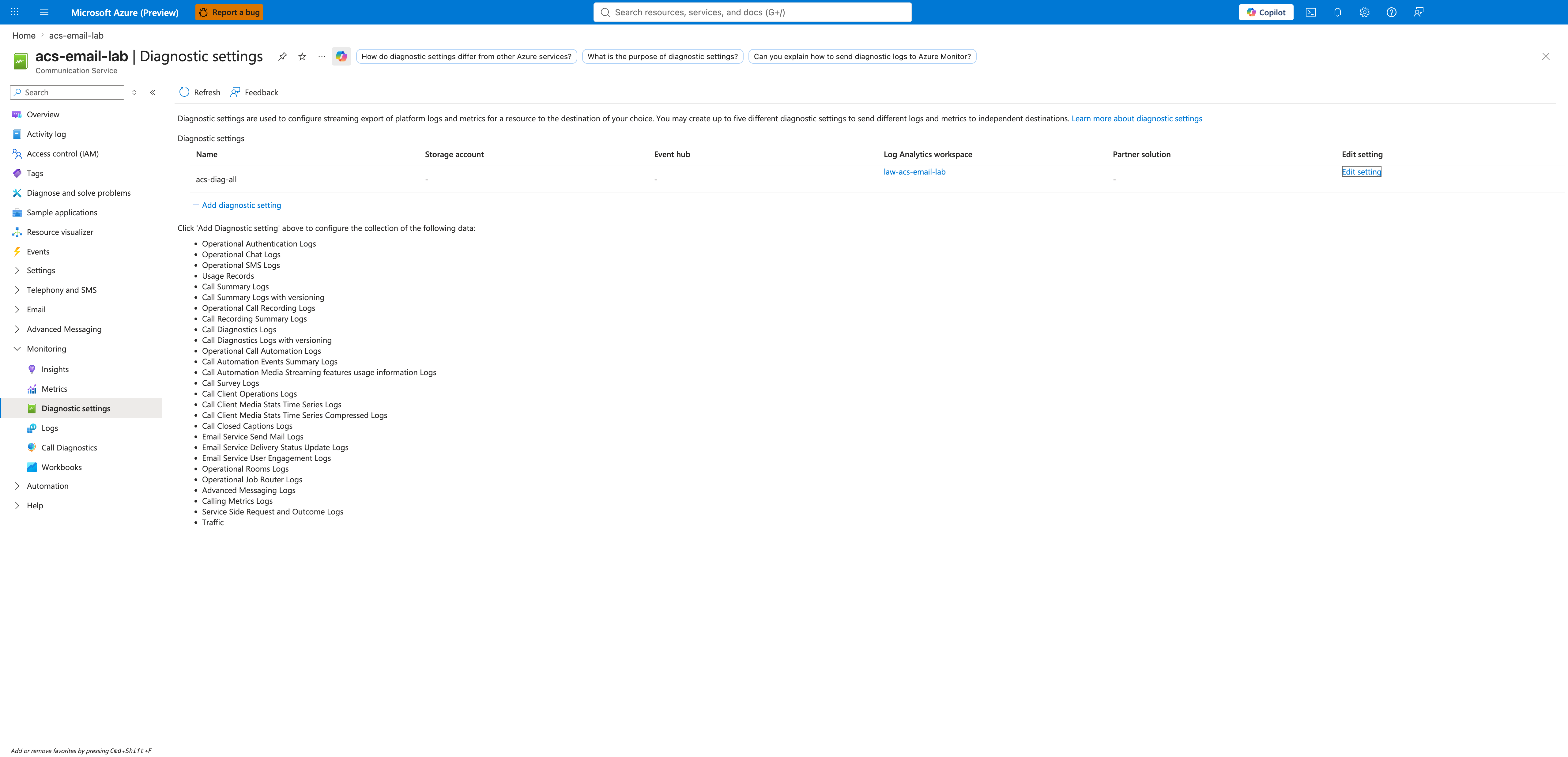 ACS Diagnostic settings list view showing the acs-diag-all setting routed to law-acs-email-lab, with the available log categories visible: Email Service Send Mail Logs, Email Service Delivery Status Update Logs, Email Service User Engagement Logs